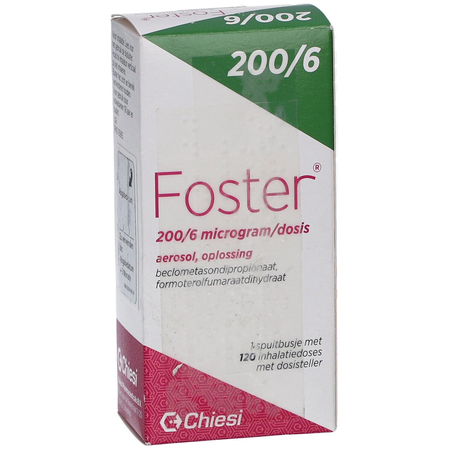 Foster 200/6 Verpackung. Rosa und weiß, mit grünem Deckel. Enthält Text und Logo von Chiesi. Zeigt Produktinformationen.