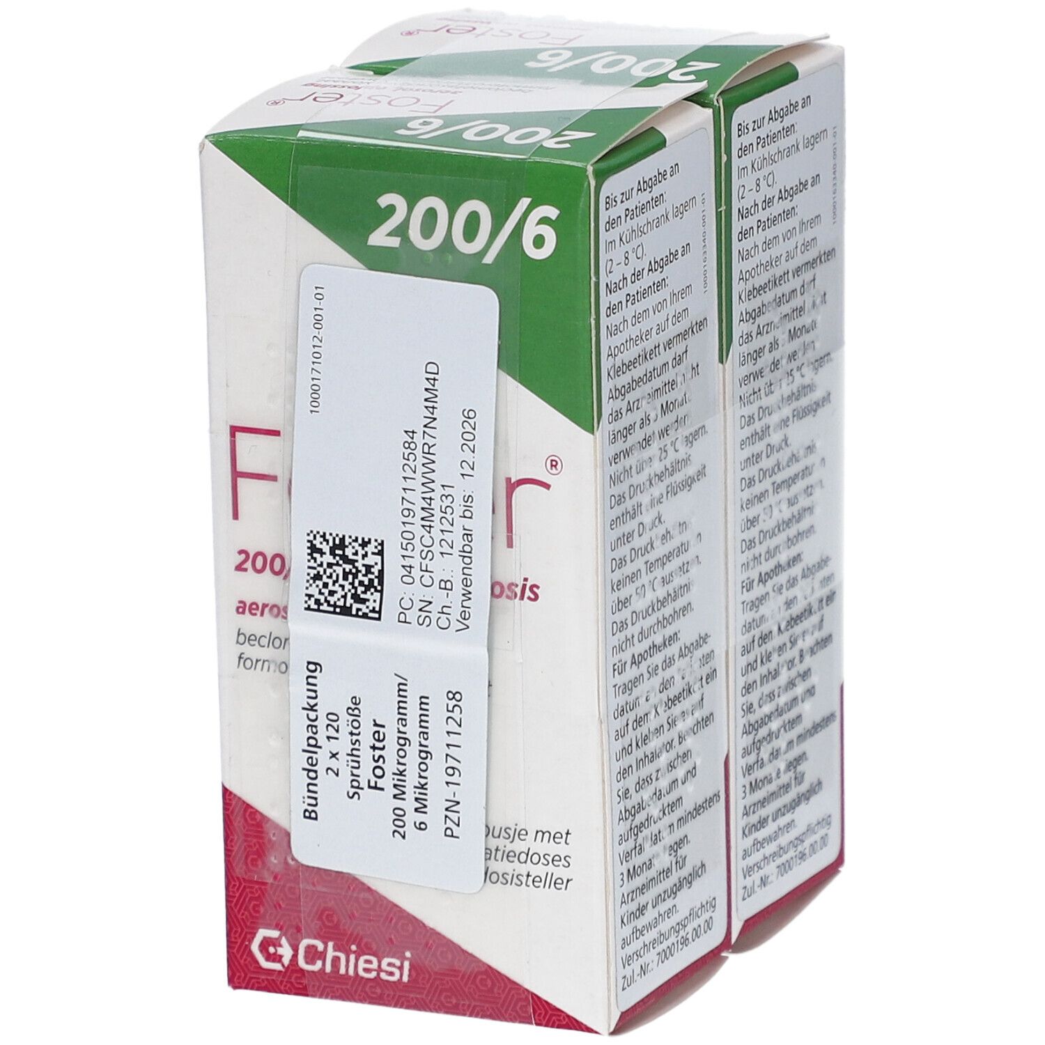 Doppelte Packung FOSTER 200/6 µg. Weiß-grüne Schachtel mit Produktinformationen und Etikett. Chiesi-Logo unten.