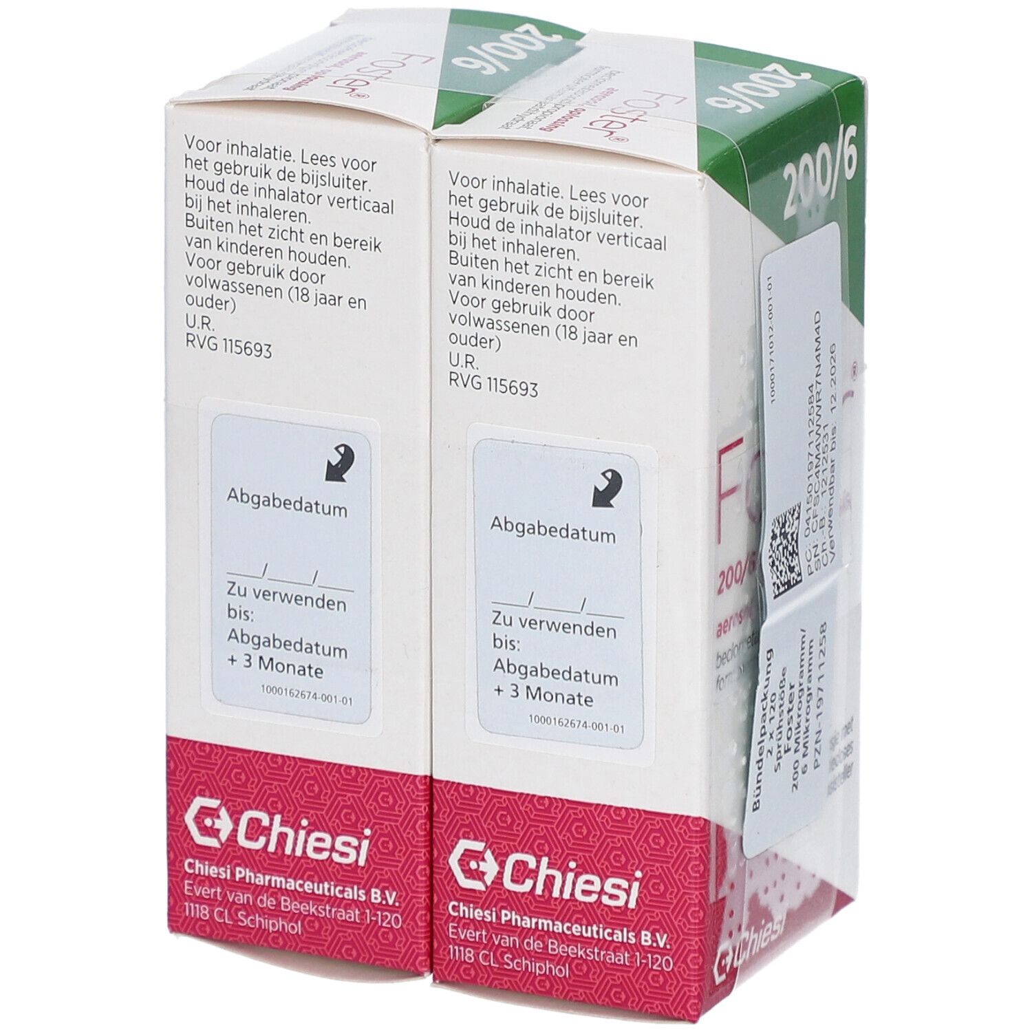 Rückseite der doppelten FOSTER 200/6 µg Packung. Text in Deutsch und Niederländisch. Chiesi-Logo unten.