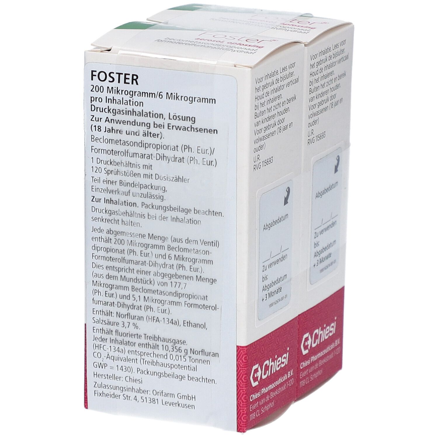 Seite der FOSTER 200/6 µg Packung. Text mit Produktinformationen in Deutsch und Niederländisch. Chiesi-Logo.