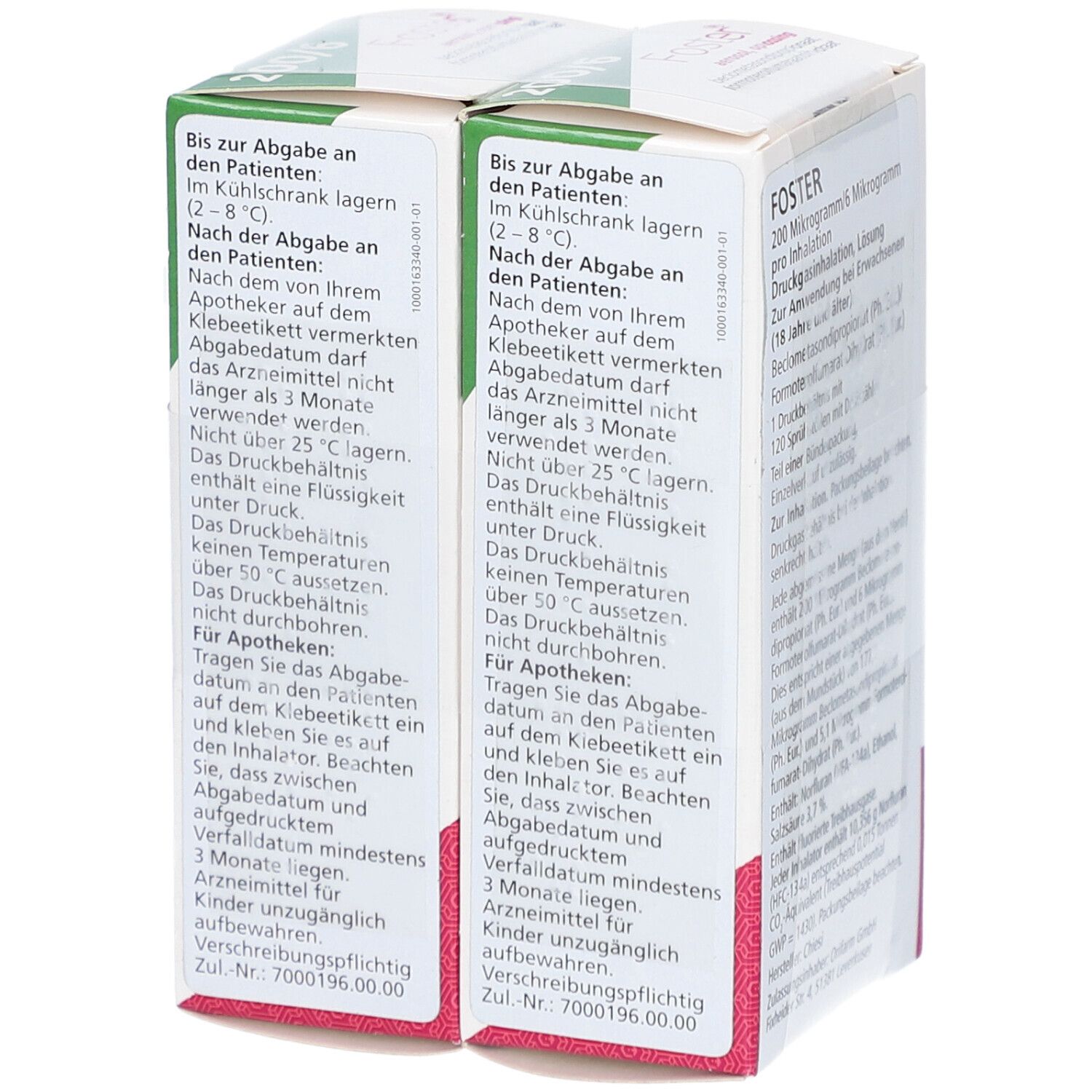 Rückseite der doppelten FOSTER 200/6 µg Packung. Text in Deutsch. Chiesi-Logo unten.