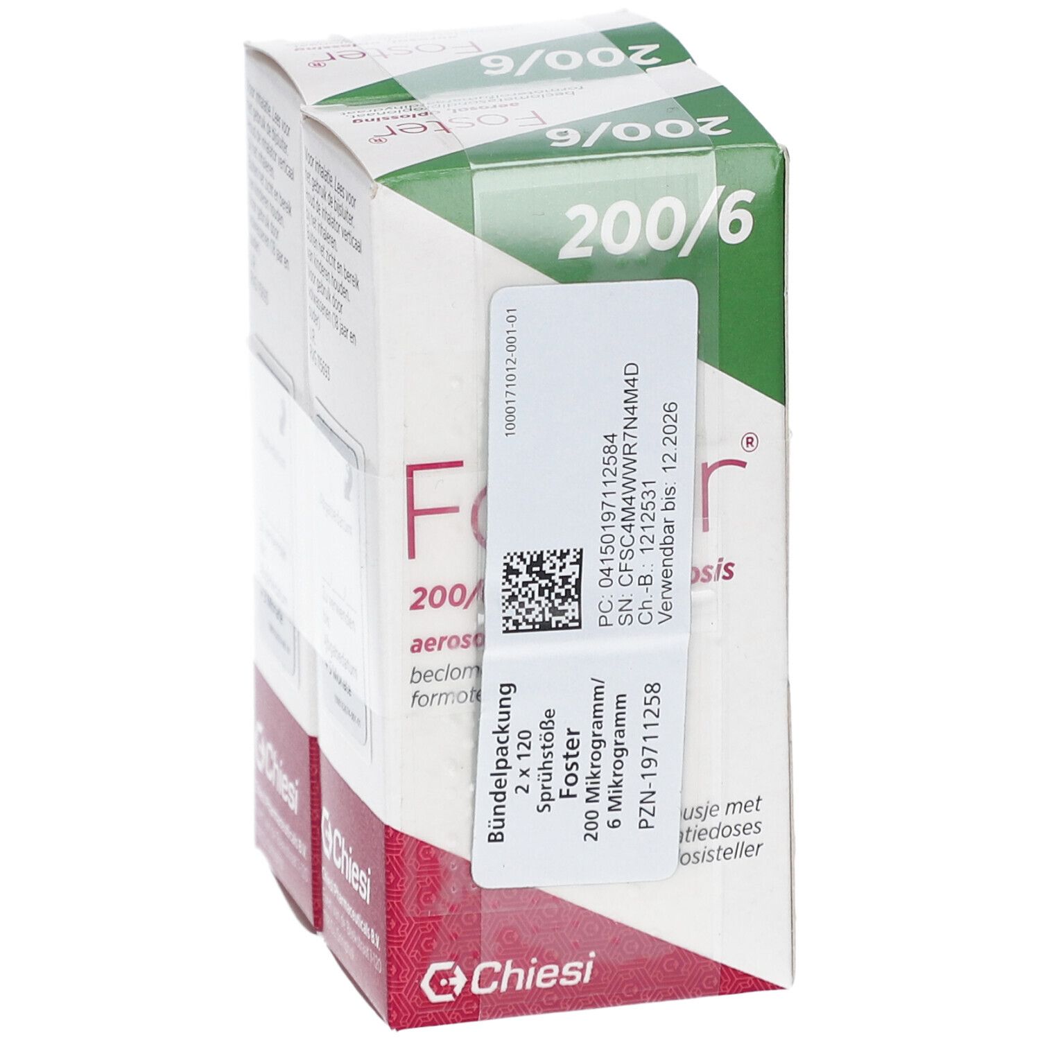 FOSTER 200/6 µg Packung, schräg von oben. Weiß-grüne Schachtel mit Etikett und Produktinformationen. Chiesi-Logo.