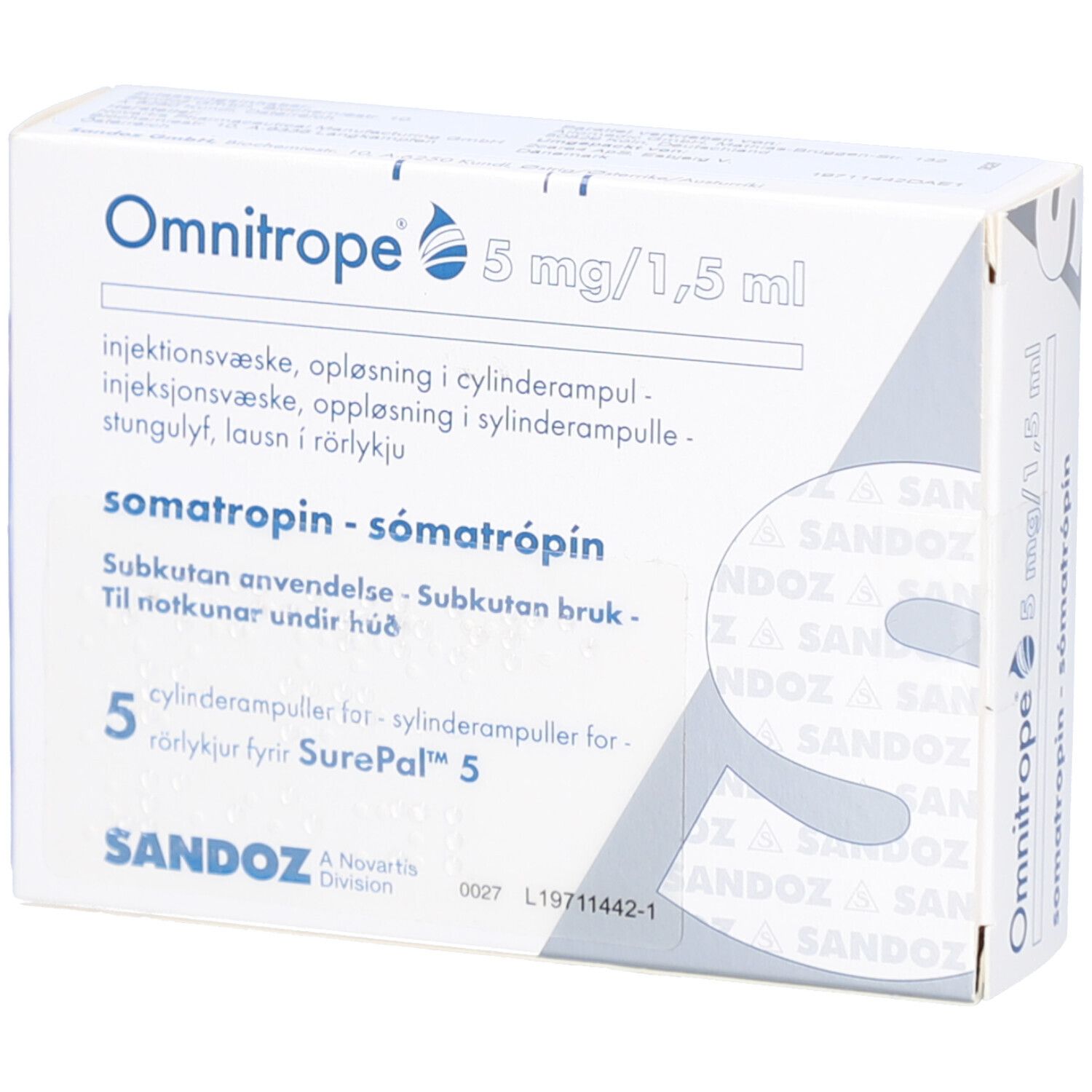 Weiße Verpackung von Omnitrope 5 mg/1,5 ml. Enthält 5 Zylinderampullen für SurePal. Sandoz-Logo.