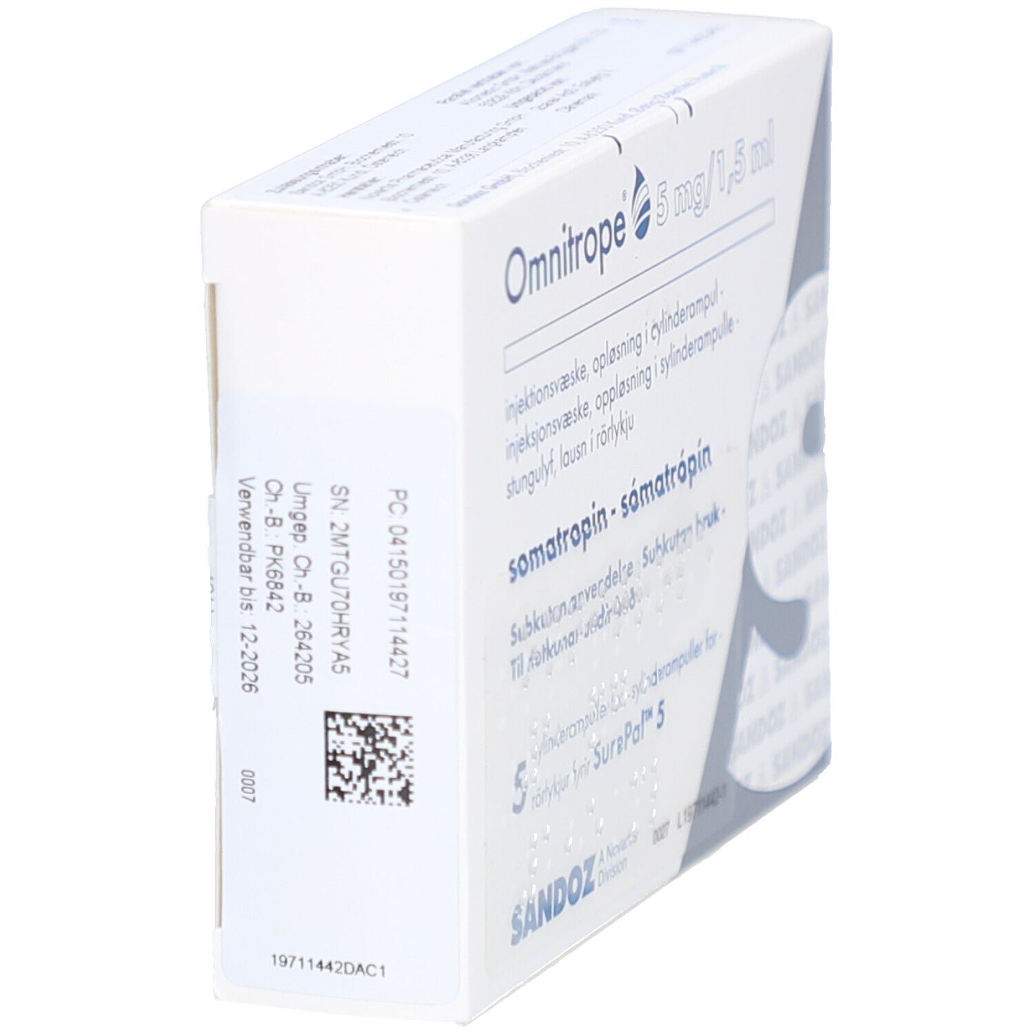 Weiße Verpackung von Omnitrope 5 mg/1,5 ml. Seitenansicht mit Barcode und Chargennummer.