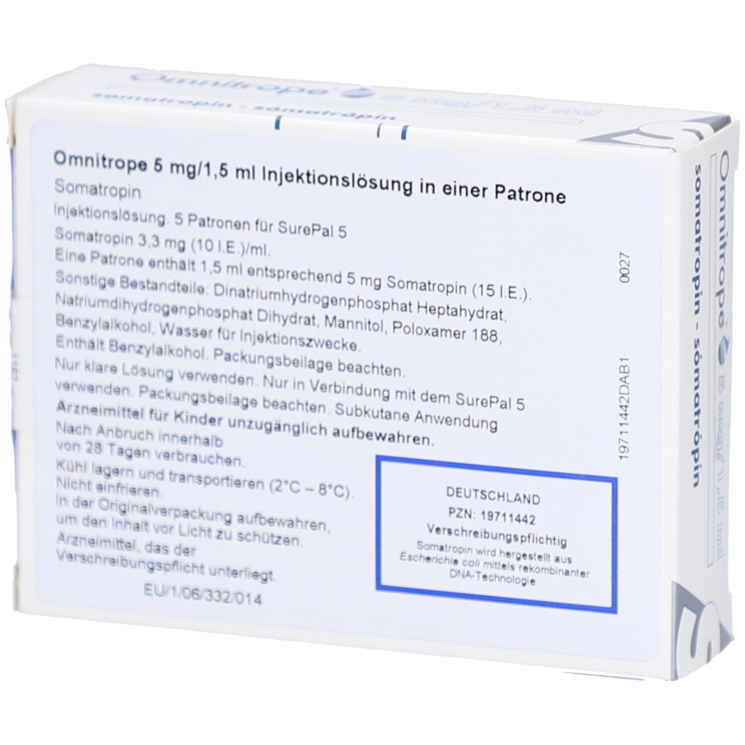 Rückseite der weißen Omnitrope-Verpackung. Enthält Informationen zu Inhaltsstoffen und Anwendung.