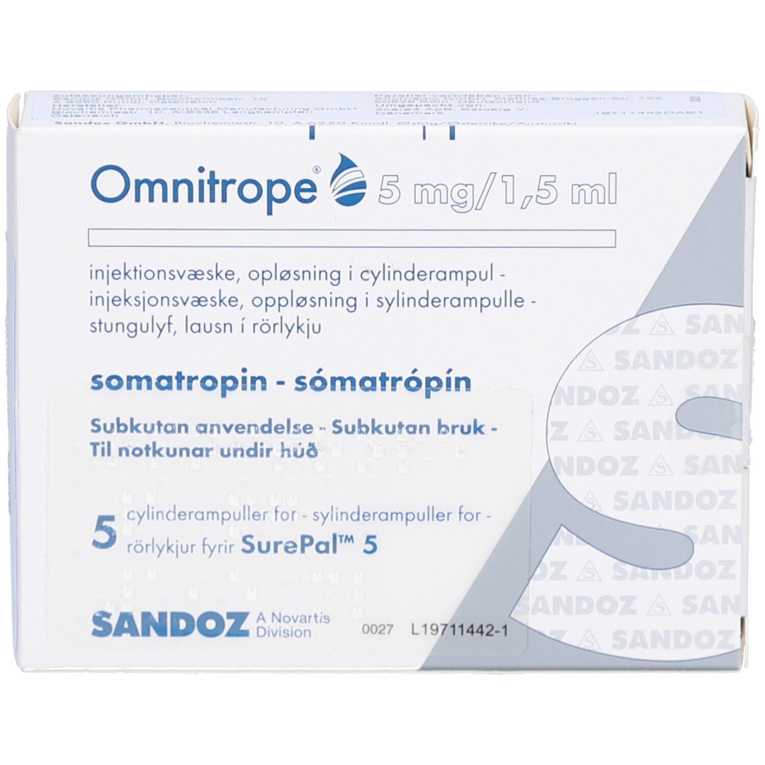 Weiße Verpackung von Omnitrope 5 mg/1,5 ml. Enthält 5 Zylinderampullen für SurePal. Sandoz-Logo.