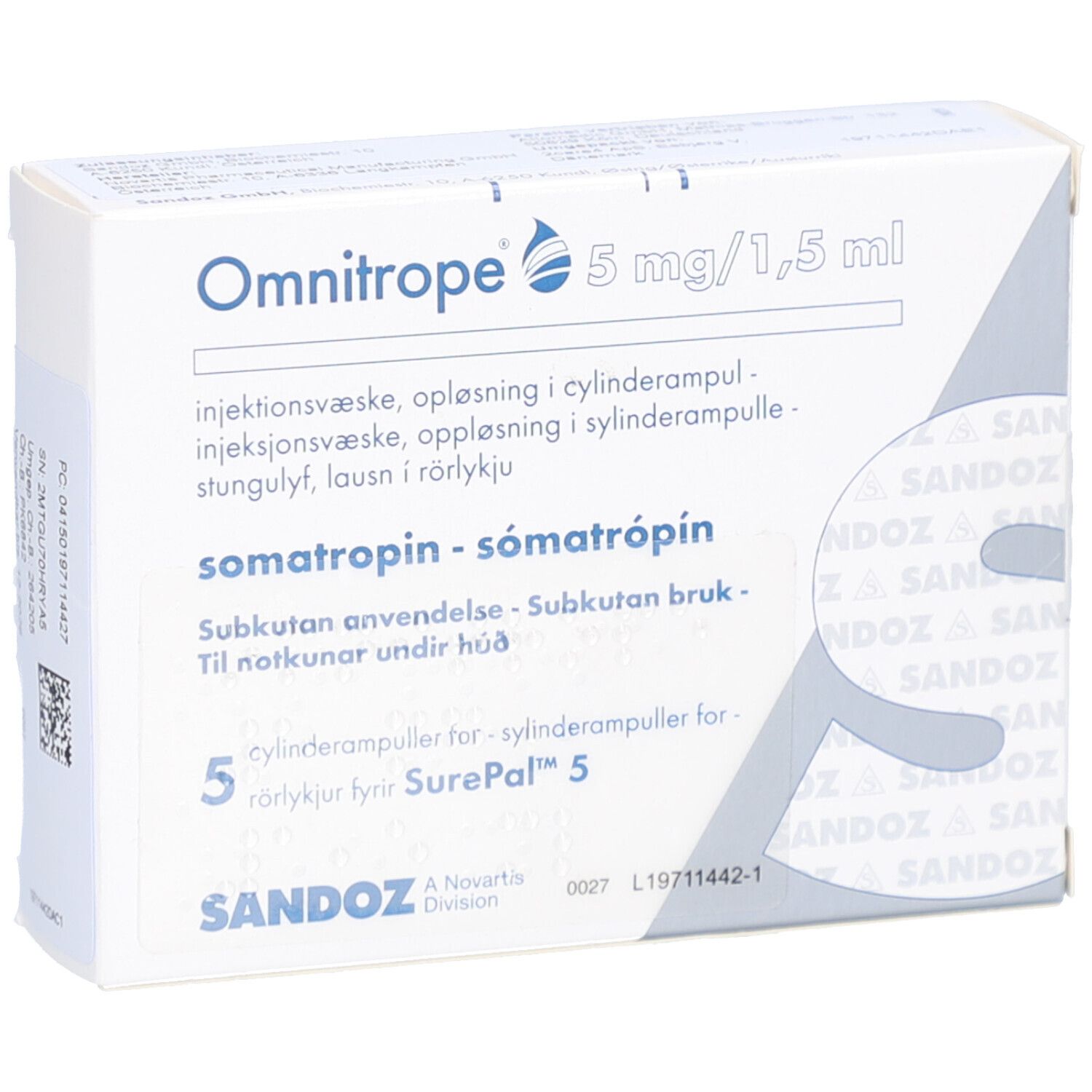 Weiße Verpackung von Omnitrope 5 mg/1,5 ml. Enthält 5 Zylinderampullen für SurePal. Sandoz-Logo.