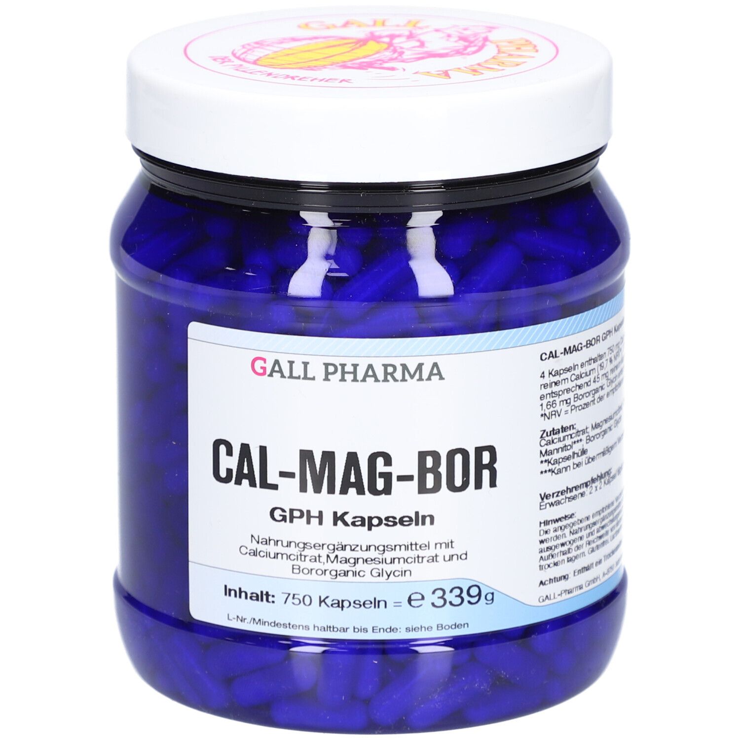 Blaues Glas mit weißen Deckel. Aufschrift: CAL-MAG-BOR GPH Kapseln. Enthält 750 Kapseln.