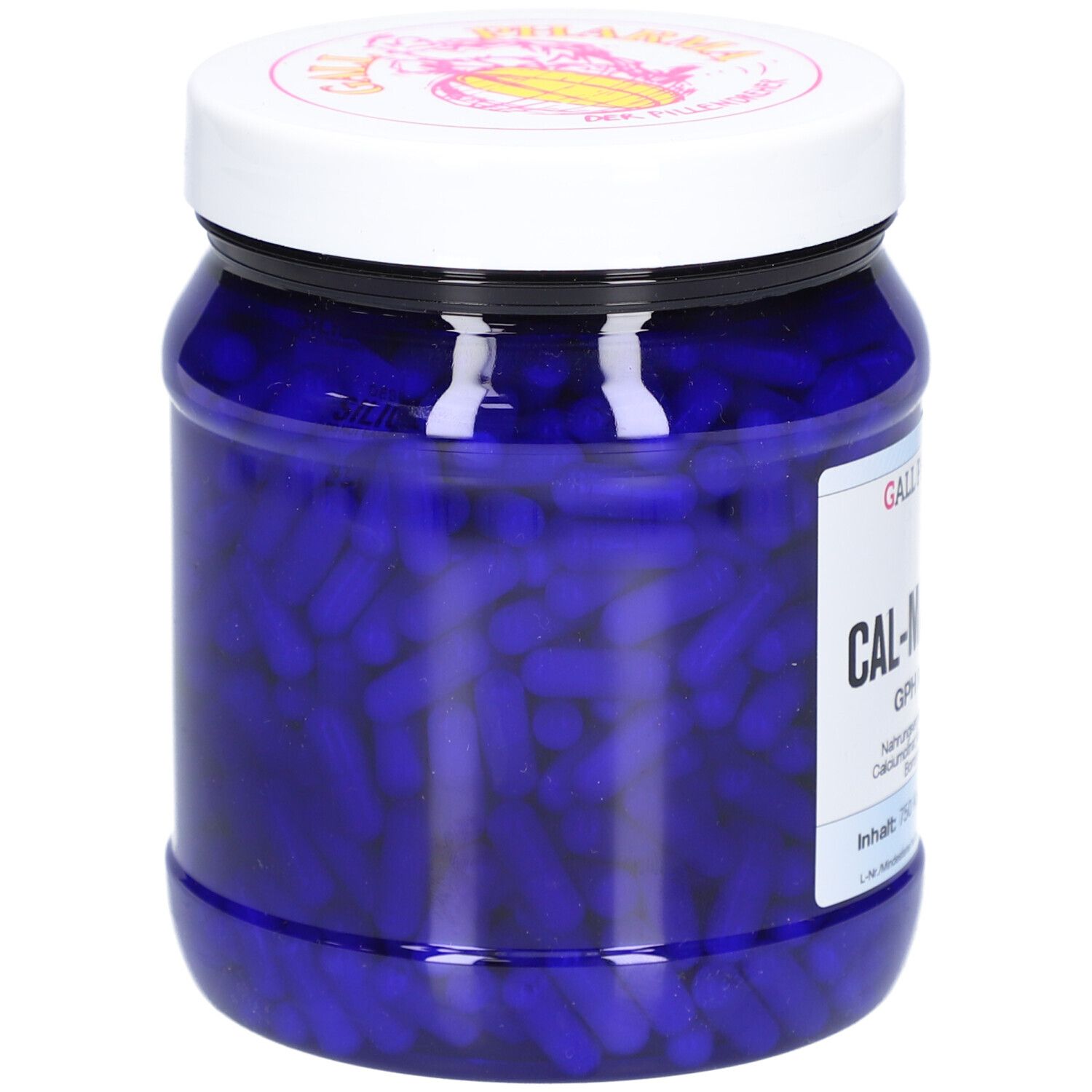 Blaues Glas mit weißen Deckel. Gefüllt mit blauen Kapseln. Aufschrift: CAL-MAG-BOR GPH Kapseln.