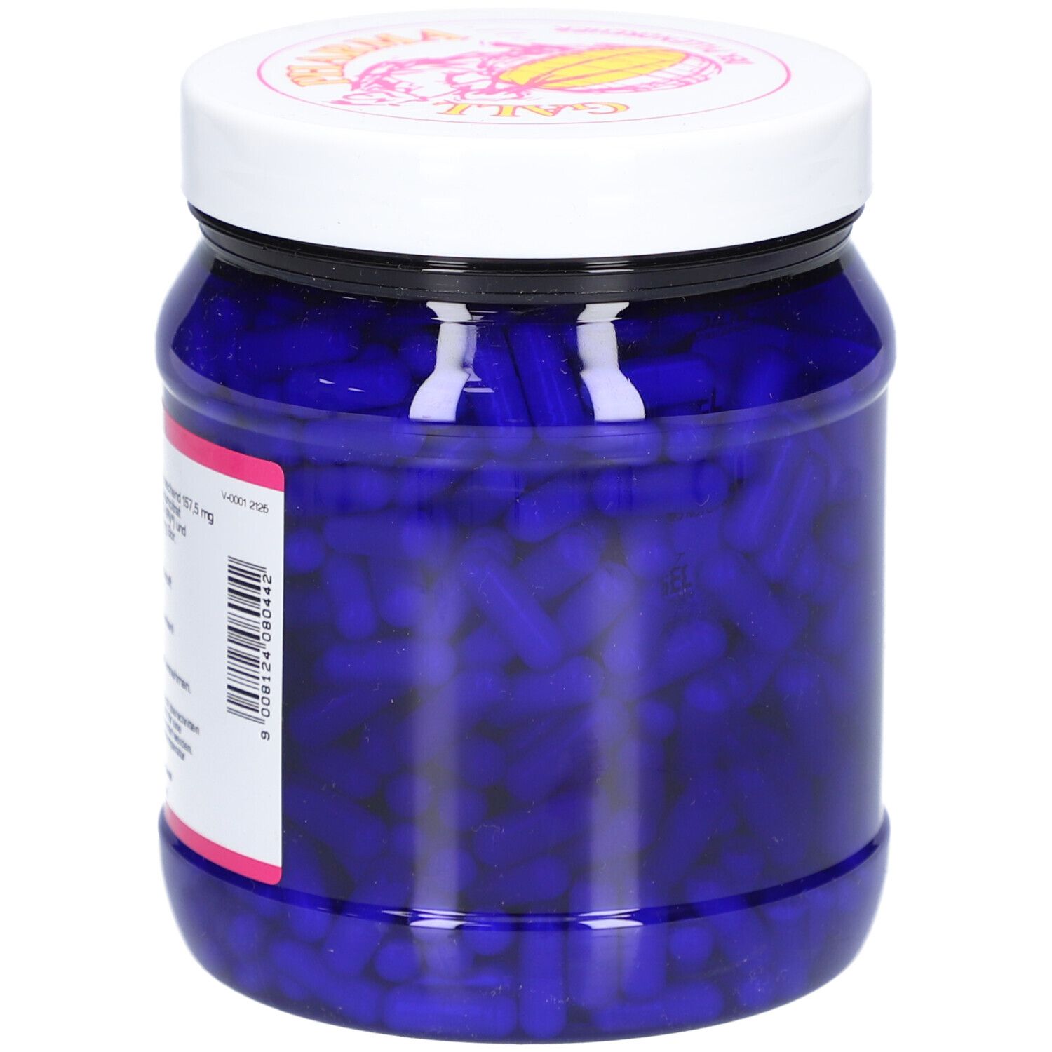 Blaues Glas mit weißen Deckel. Etikett mit Produktinformationen. Aufschrift: CAL-MAG-BOR GPH Kapseln.
