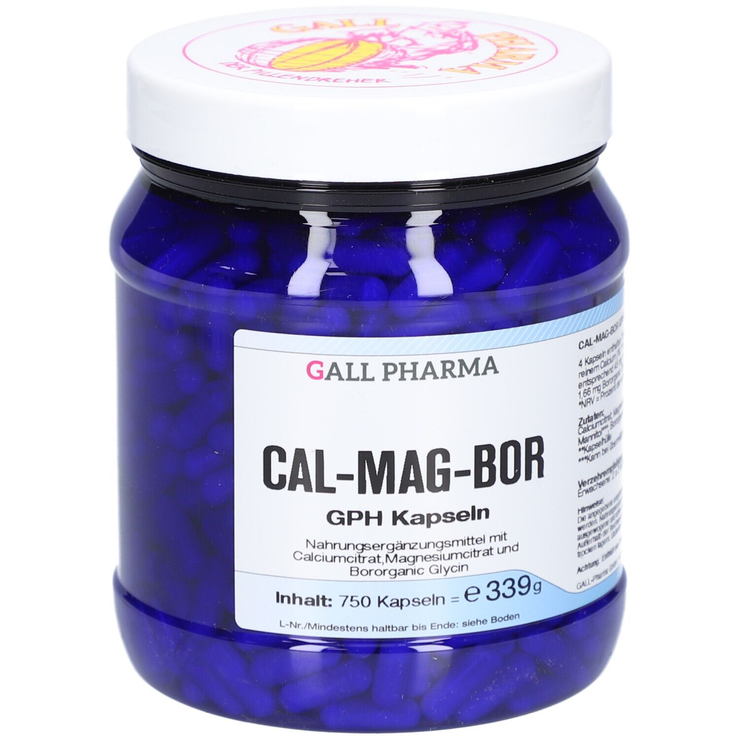 Blaues Glas mit weißen Deckel. Aufschrift: CAL-MAG-BOR GPH Kapseln. Enthält 750 Kapseln. Marke: GALL PHARMA.