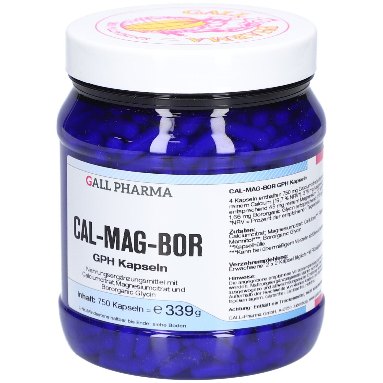 Blaues Glas mit weißen Deckel. Aufschrift: CAL-MAG-BOR GPH Kapseln. Enthält 750 Kapseln. Detailinformationen.
