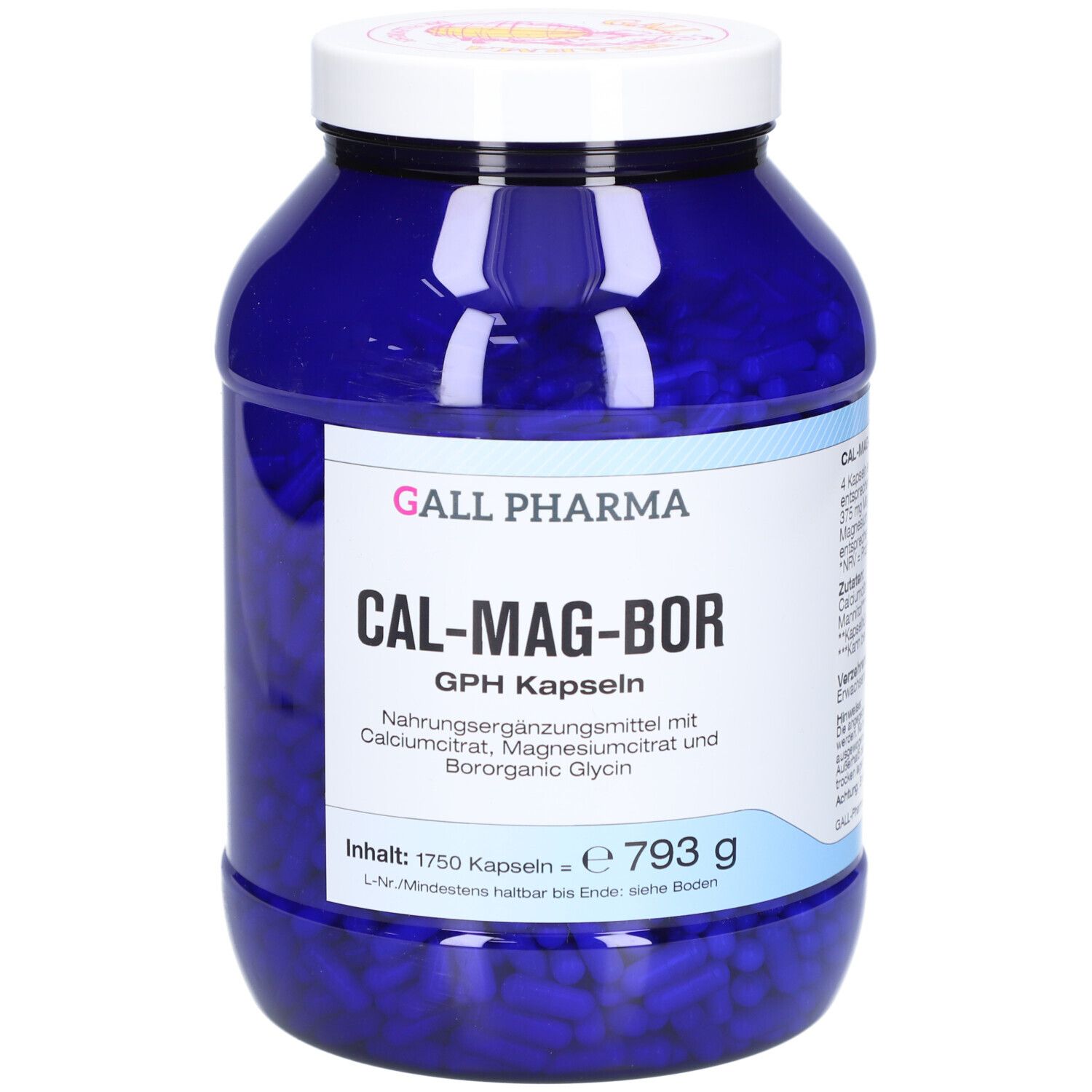 Blaue Dose mit weißen Deckel. Aufschrift: CAL-MAG-BOR GPH Kapseln. Inhalt: 1750 Kapseln.