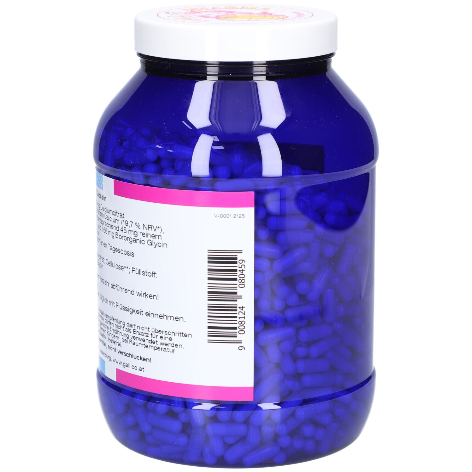 Blaue Dose mit weißen Deckel. Aufkleber mit Informationen. Barcode. Aufschrift: CAL-MAG-BOR GPH Kapseln.
