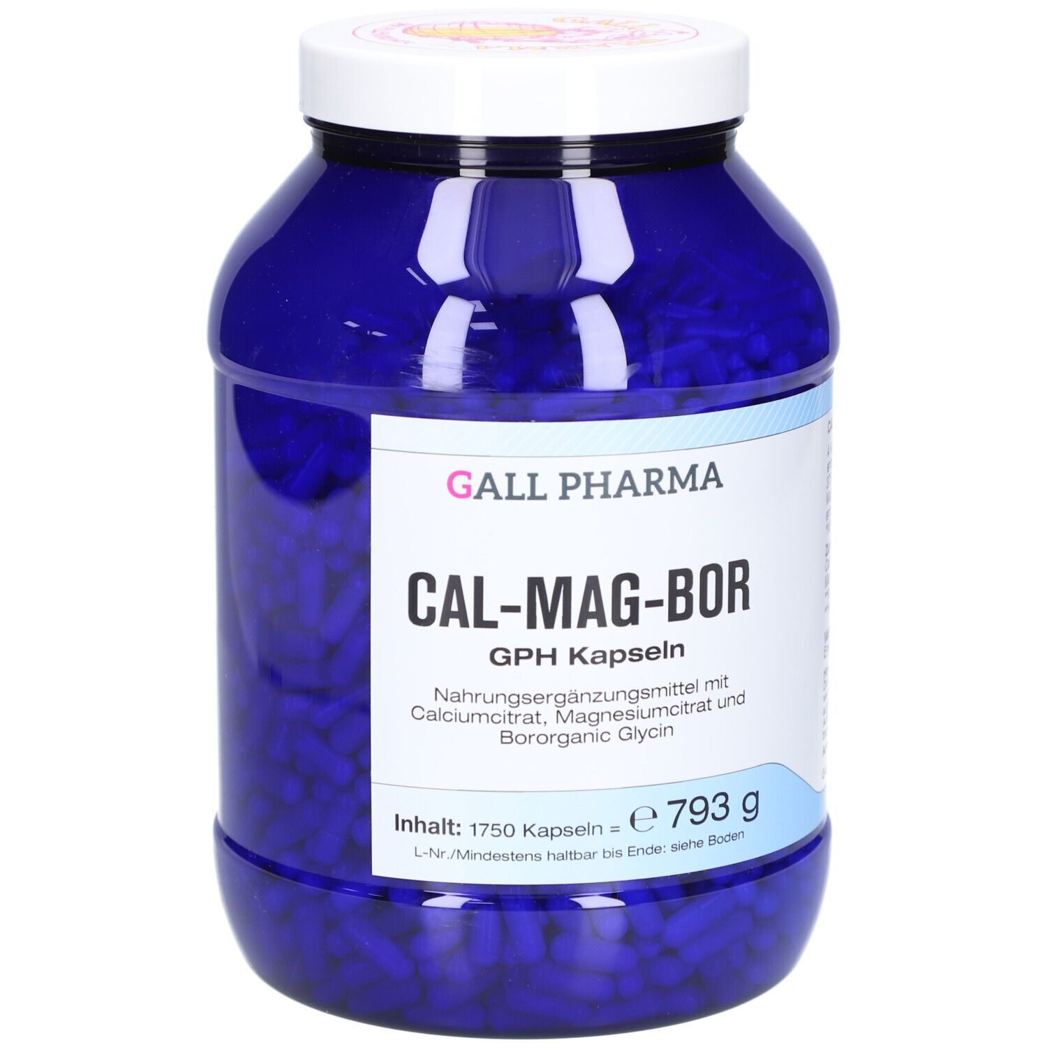 Blaue Dose mit weißen Deckel. Aufschrift: CAL-MAG-BOR GPH Kapseln. Inhalt: 1750 Kapseln.