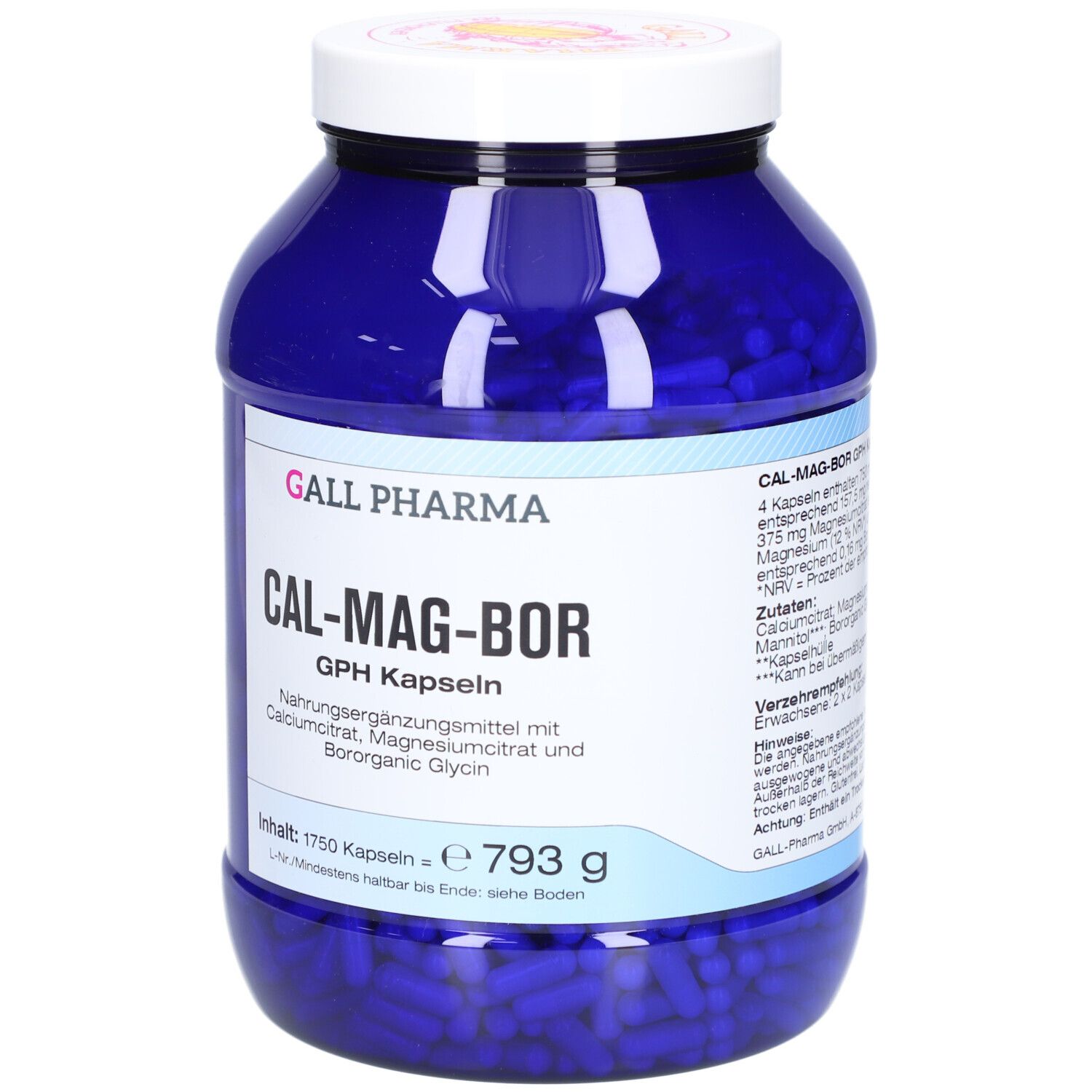 Blaue Dose mit weißen Deckel. Aufschrift: CAL-MAG-BOR GPH Kapseln. Inhalt: 1750 Kapseln. Detailinformationen.
