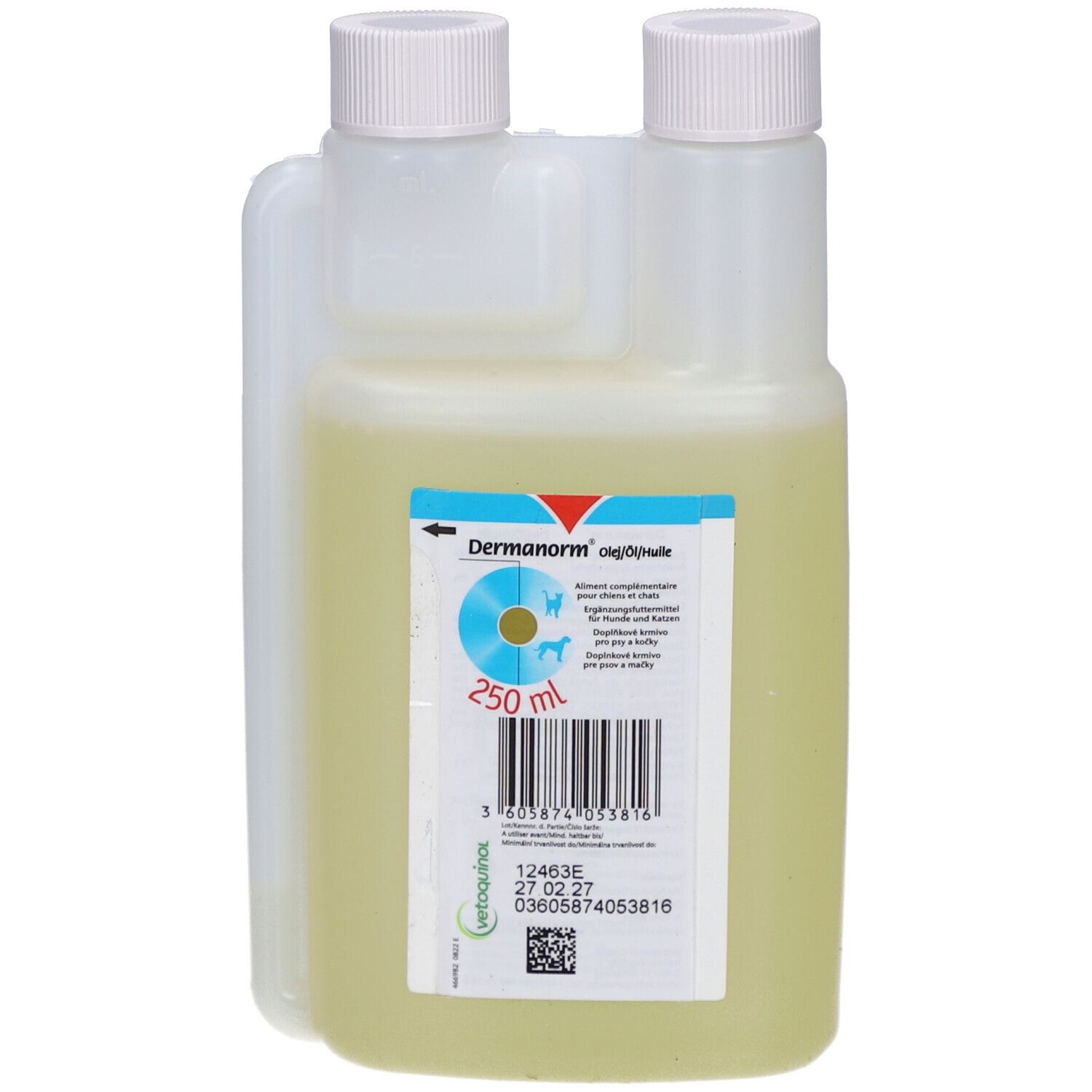 Flasche mit gelblicher Flüssigkeit. Etikett mit Produktnamen Dermanorm Öl, 250 ml, und Barcode.