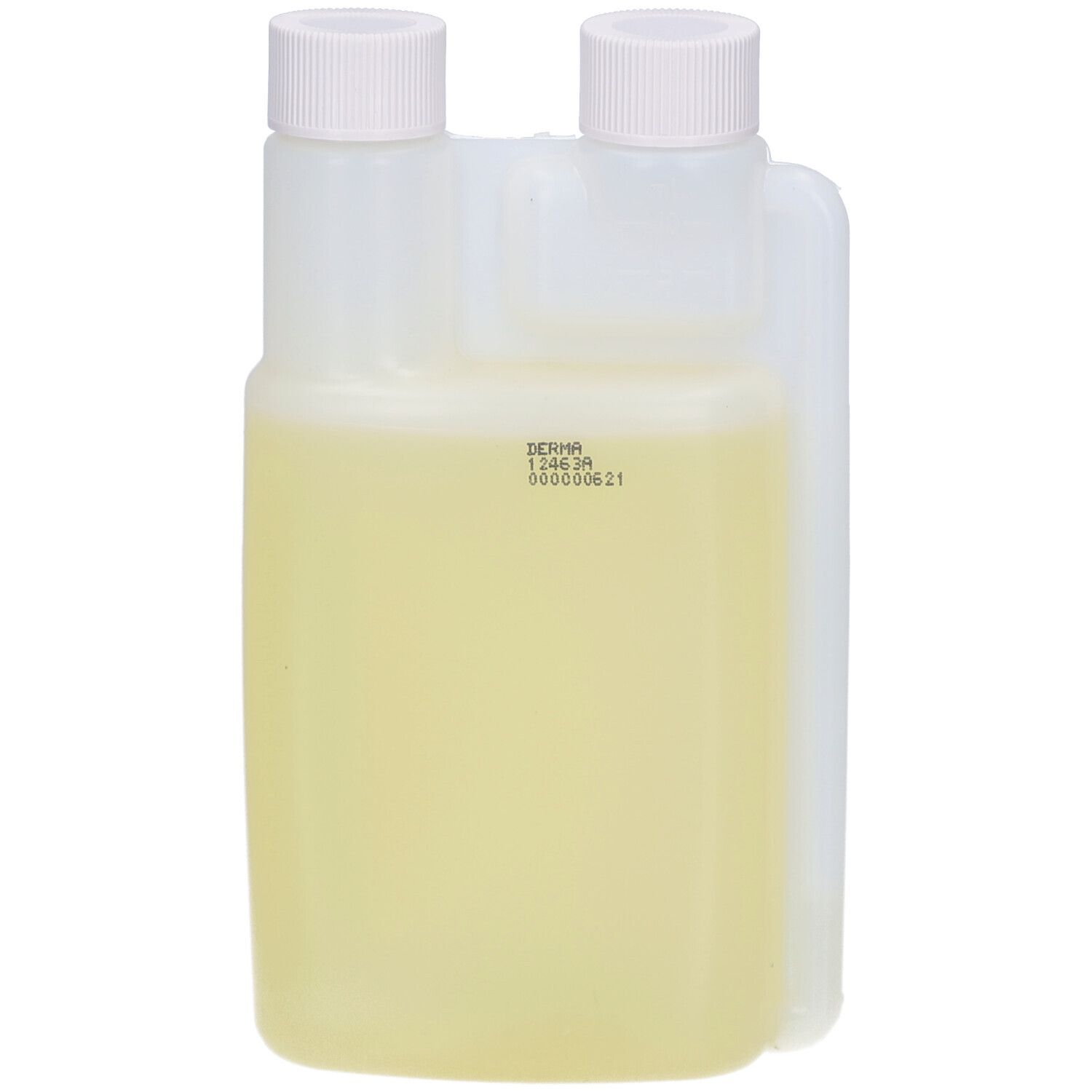 Flasche mit gelblicher Flüssigkeit. Aufdruck mit Produktinformationen.