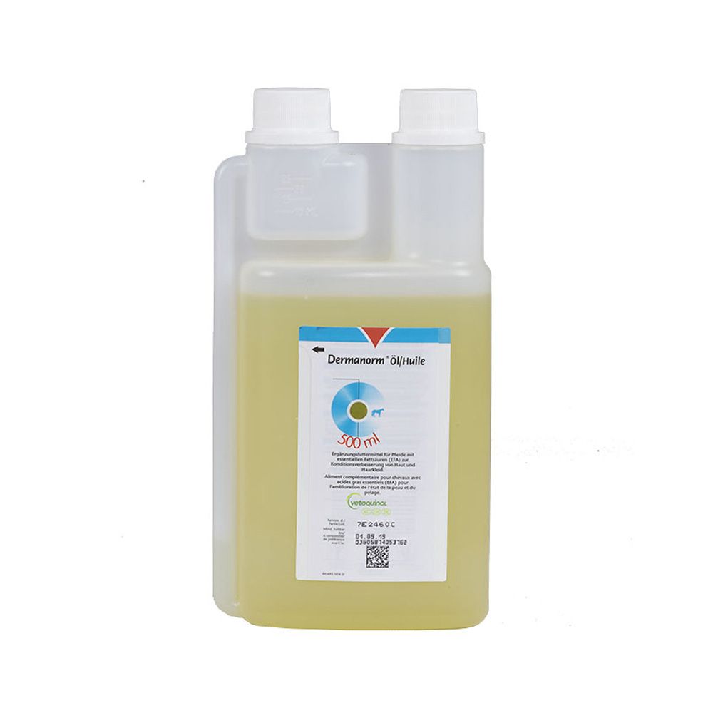 Behälter mit gelblicher Flüssigkeit. Etikett mit Produktname Dermanorm® Öl, Volumen 500 ml und Logo.