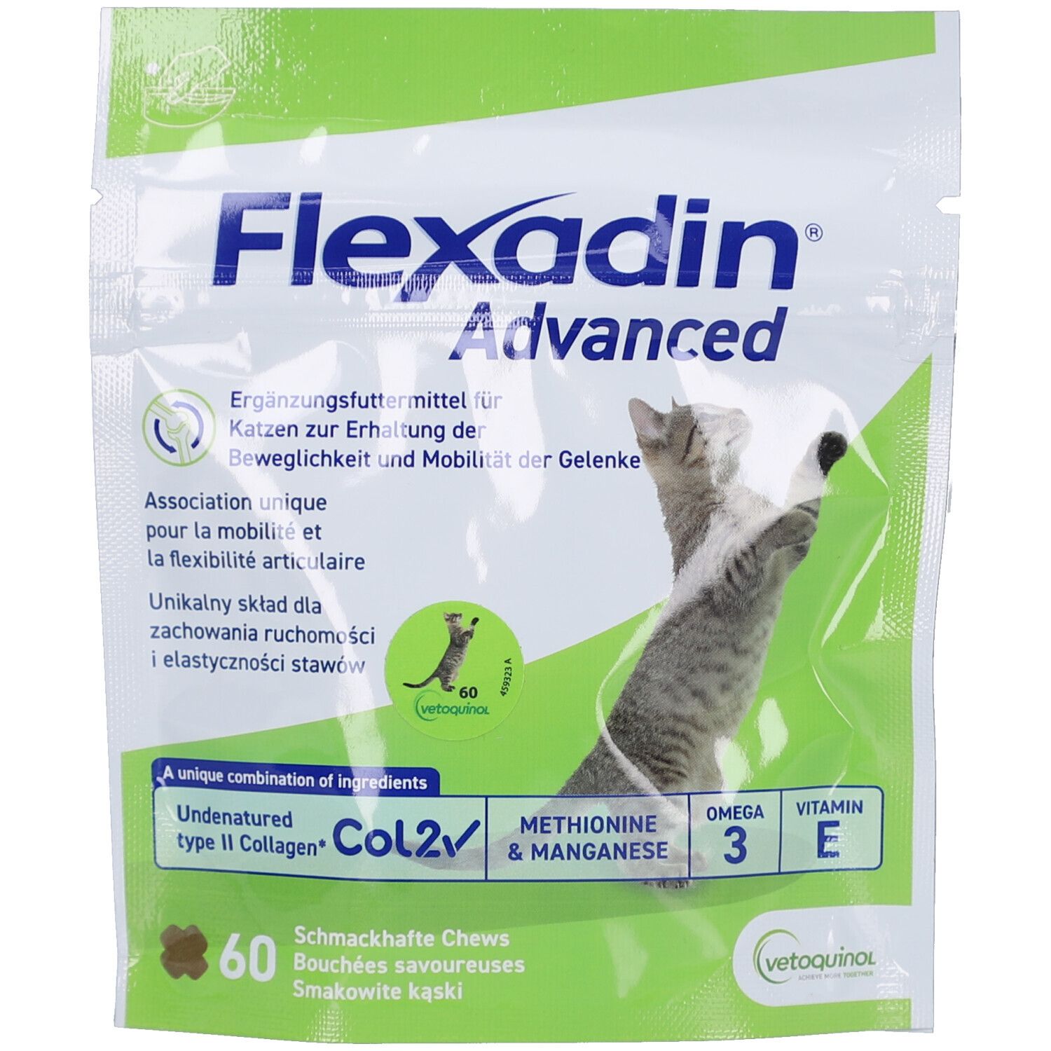Flexadin Advanced Beutel. Enthält 60 schmackhafte Chews. Aufdrucke: Col2, Omega 3, Vitamin E. Abbildung einer Katze.