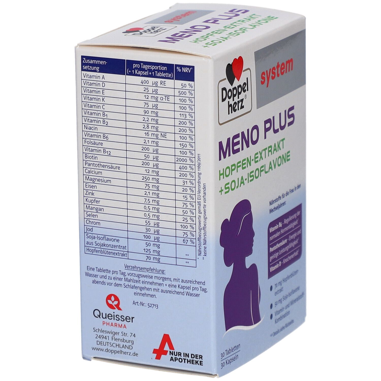 Karton Doppelherz Meno Plus, Seite mit Nährwertangaben. Enthält Tabellen mit Vitaminen und Mineralstoffen.