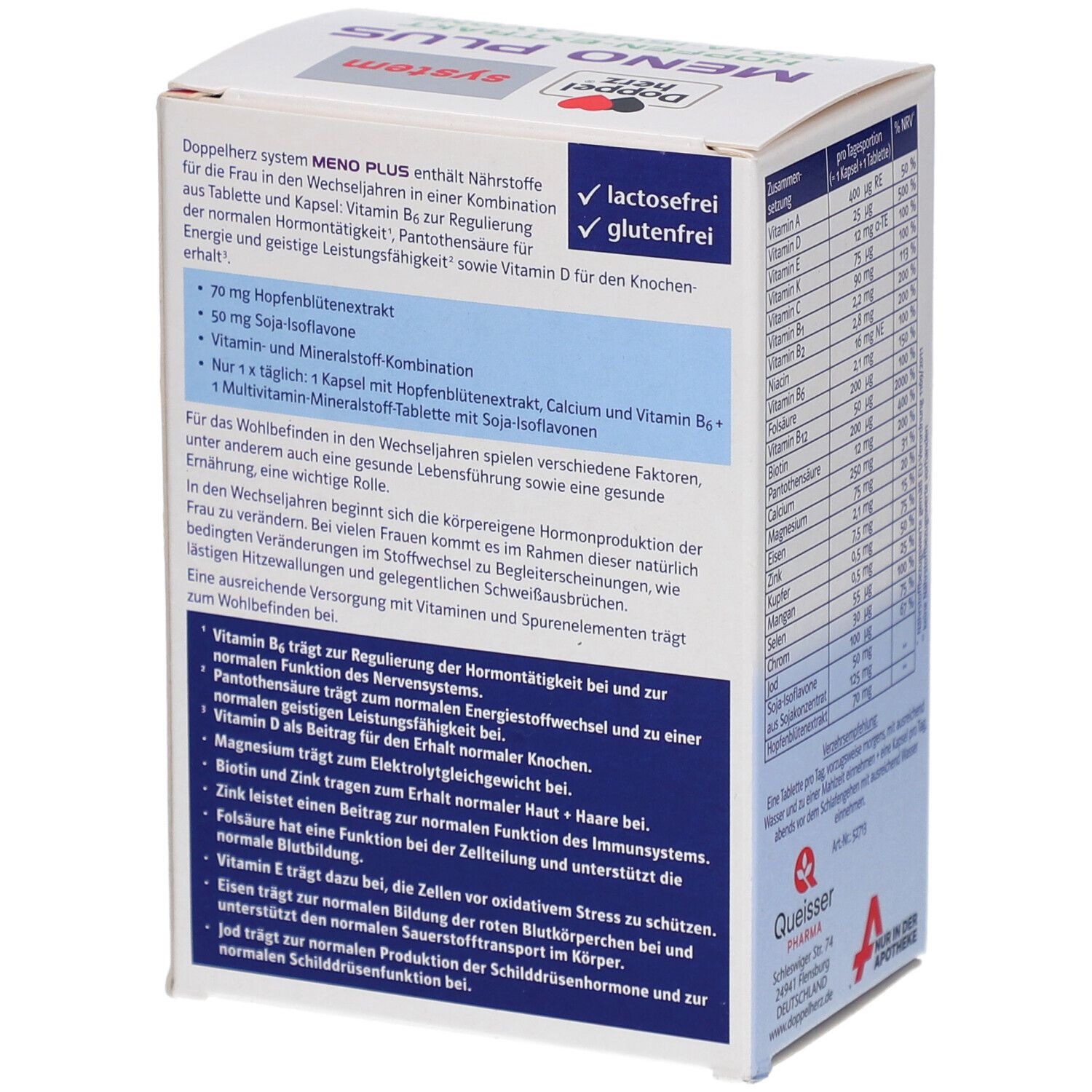 Karton Doppelherz Meno Plus, Rückseite. Enthält Informationen zu Inhaltsstoffen und Wirkungen. Lactosefrei und glutenfrei.