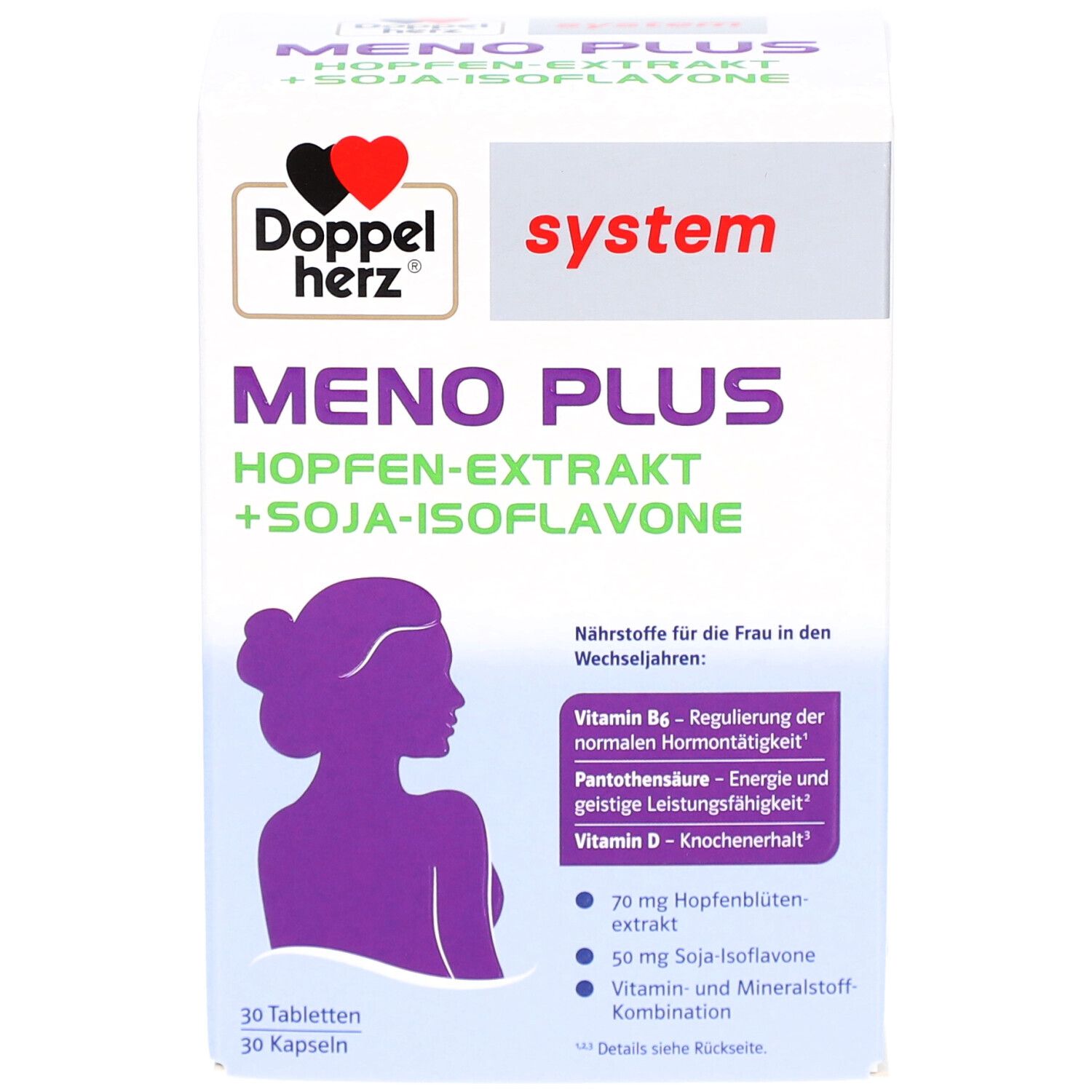 Karton Doppelherz Meno Plus, Vorderseite. Produktname, Logo und Inhaltsstoffe. 30 Tabletten, 30 Kapseln.