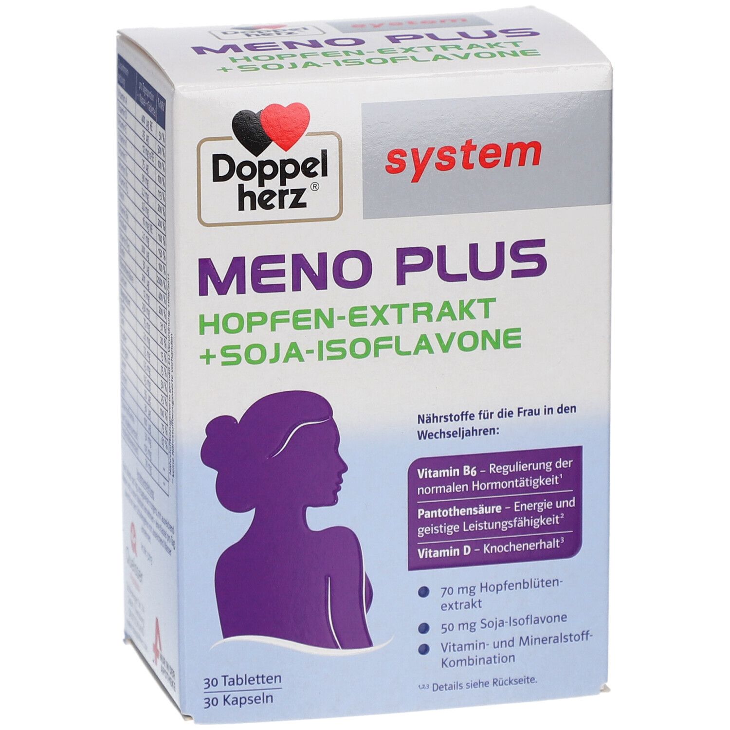 Karton Doppelherz Meno Plus, Vorderseite. Produktname, Logo und Inhaltsstoffe. 30 Tabletten, 30 Kapseln.