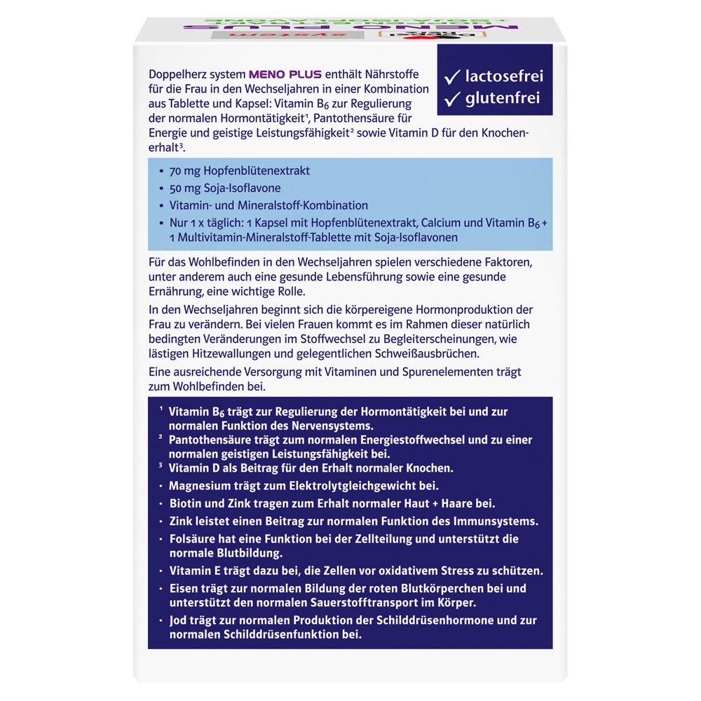 Rückseite der Verpackung von Doppelherz Meno Plus. Enthält Informationen zu Inhaltsstoffen und Nährwerten.