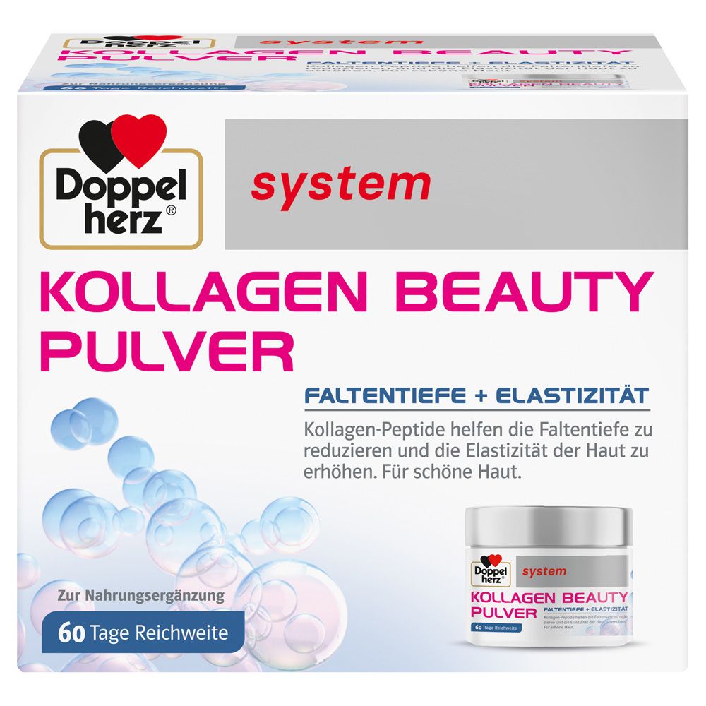 Verpackung von DOPPELHERZ Kollagen Beauty Pulver. Weißer Karton mit Produktlogo und Produktinformationen.