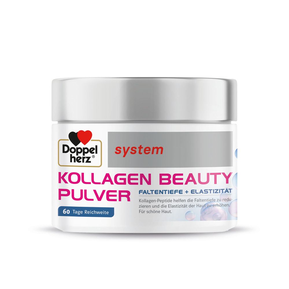 Dose DOPPELHERZ Kollagen Beauty Pulver. Weiß mit silbernem Deckel. Produktname und Logo sichtbar.