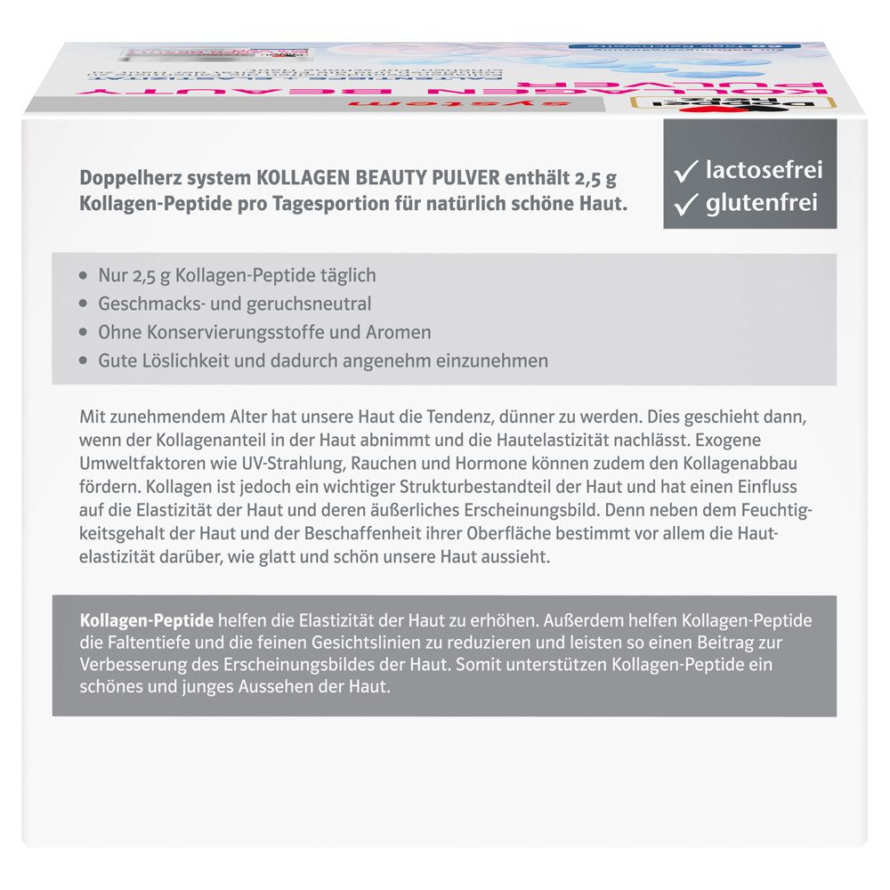 Rückseite der Verpackung von DOPPELHERZ Kollagen Beauty Pulver. Textinformationen und Logos.