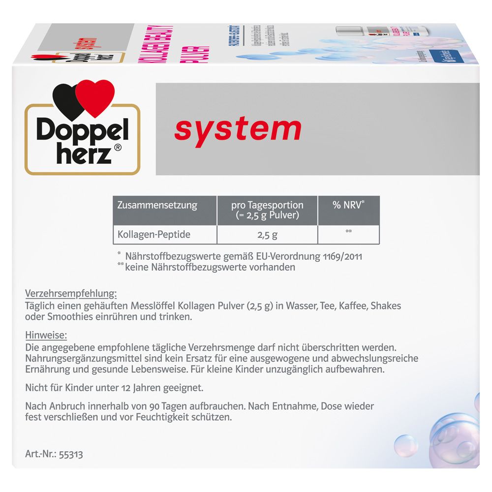 Verpackung von DOPPELHERZ Kollagen Beauty Pulver. Detailansicht der Inhaltsstoffe und Nährwerte.