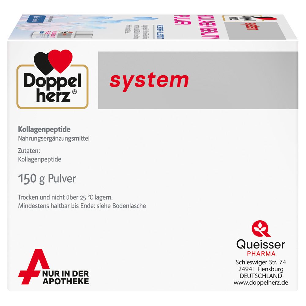 Verpackung von DOPPELHERZ Kollagen Beauty Pulver. Enthält 150g Pulver. Queisser Pharma Logo.