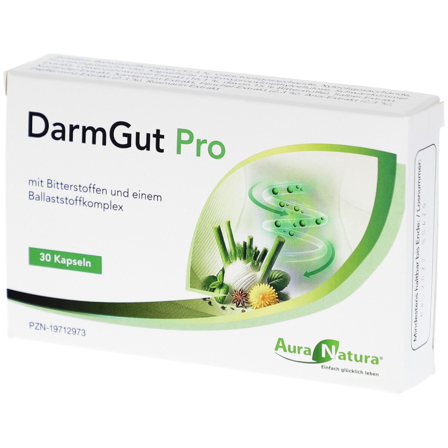 Weiße Schachtel mit "DarmGut Pro"-Aufdruck. Enthält 30 Kapseln. Logo "AuraNatura". Abbildung von Pflanzen und Darm.