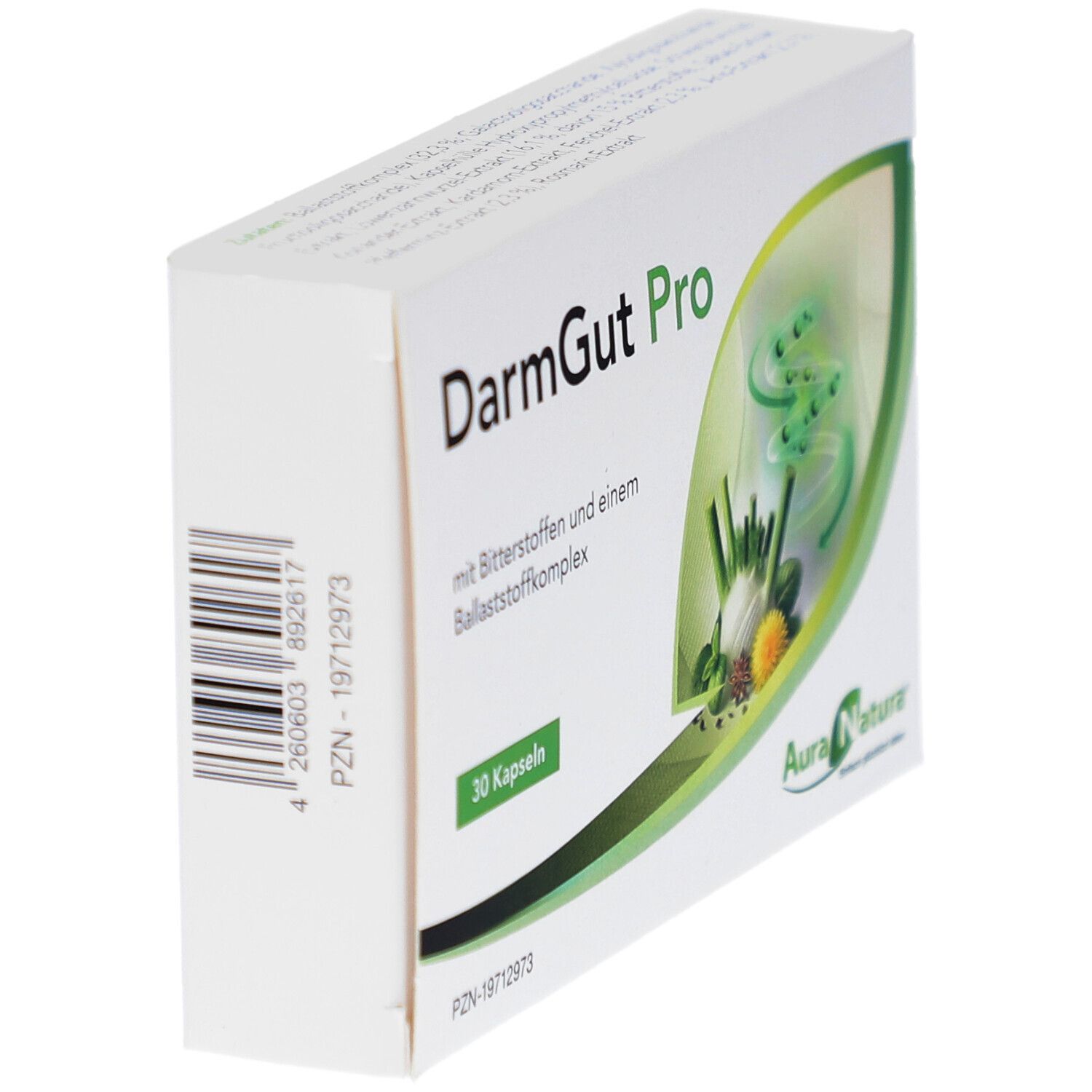 Schachtel "DarmGut Pro" in Schrägansicht. Logo "AuraNatura". 30 Kapseln. Text und Abbildung von Pflanzen und Darm.