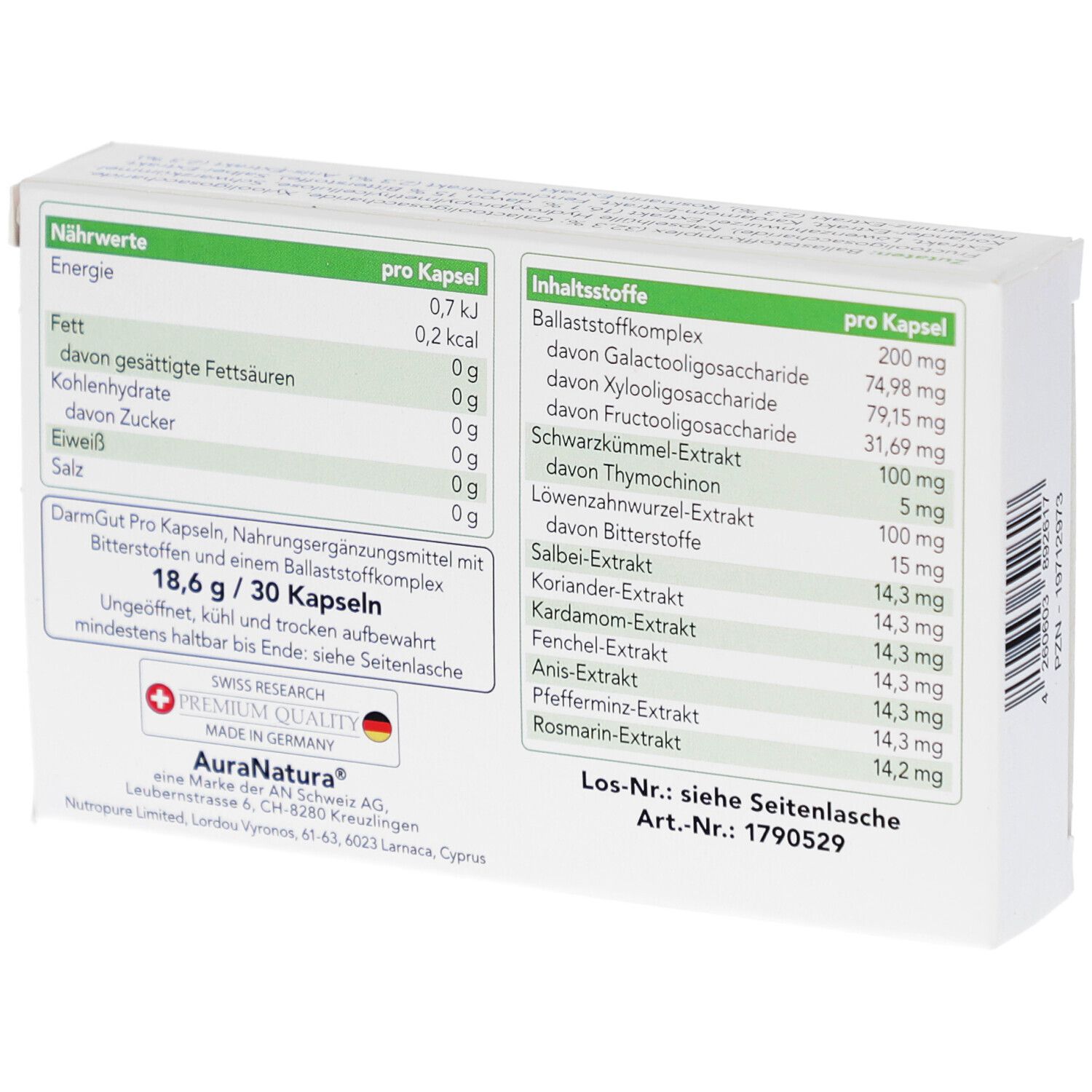 Rückseite der "DarmGut Pro"-Schachtel. Nährwerttabelle und Inhaltsstoffe. Logo "Swiss Research".