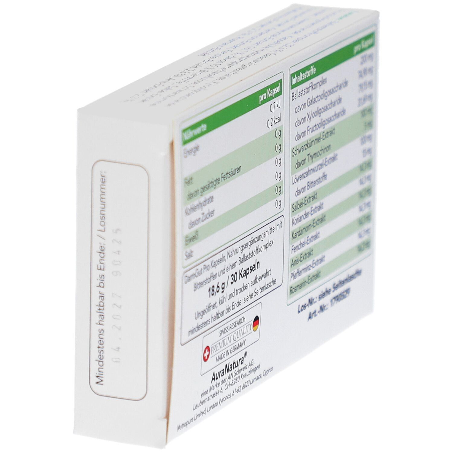 Schrägansicht der Rückseite der "DarmGut Pro"-Schachtel. Nährwerttabelle und Inhaltsstoffe. Logo "Swiss Research".