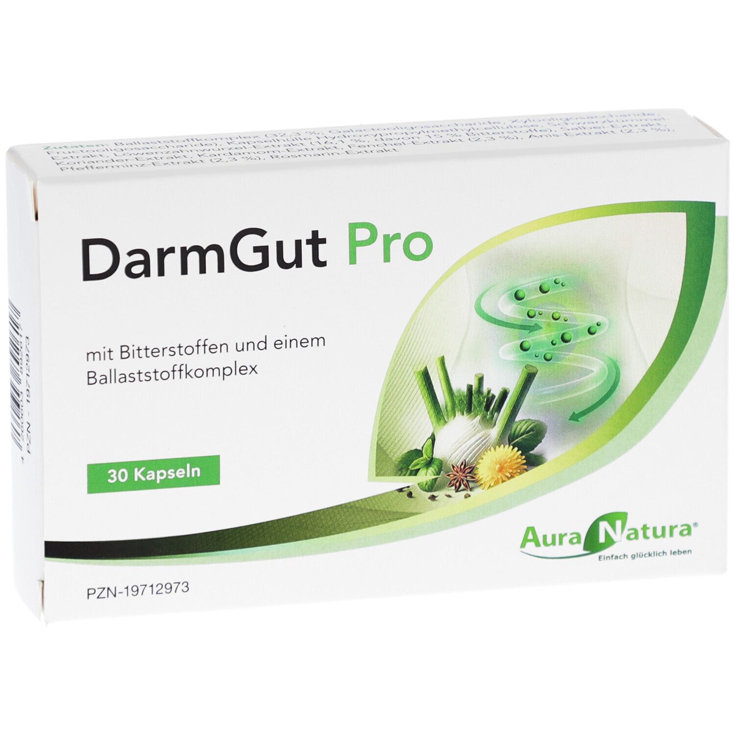 Weiße Schachtel "DarmGut Pro" mit 30 Kapseln. Logo "AuraNatura". Abbildung von Pflanzen und Darm.