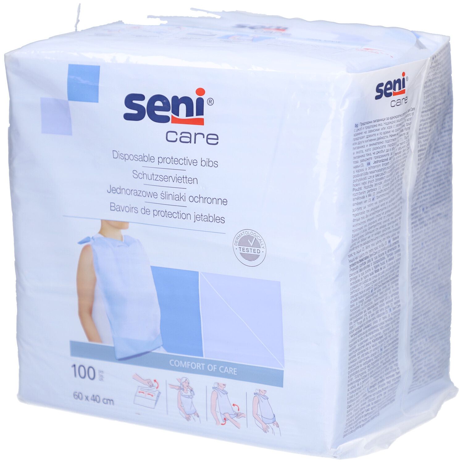 Verpackung mit Seni Care Schutzservietten. 100 Stück, 60 x 40 cm. Blaue und weiße Verpackung mit Produktabbildung und Logo.