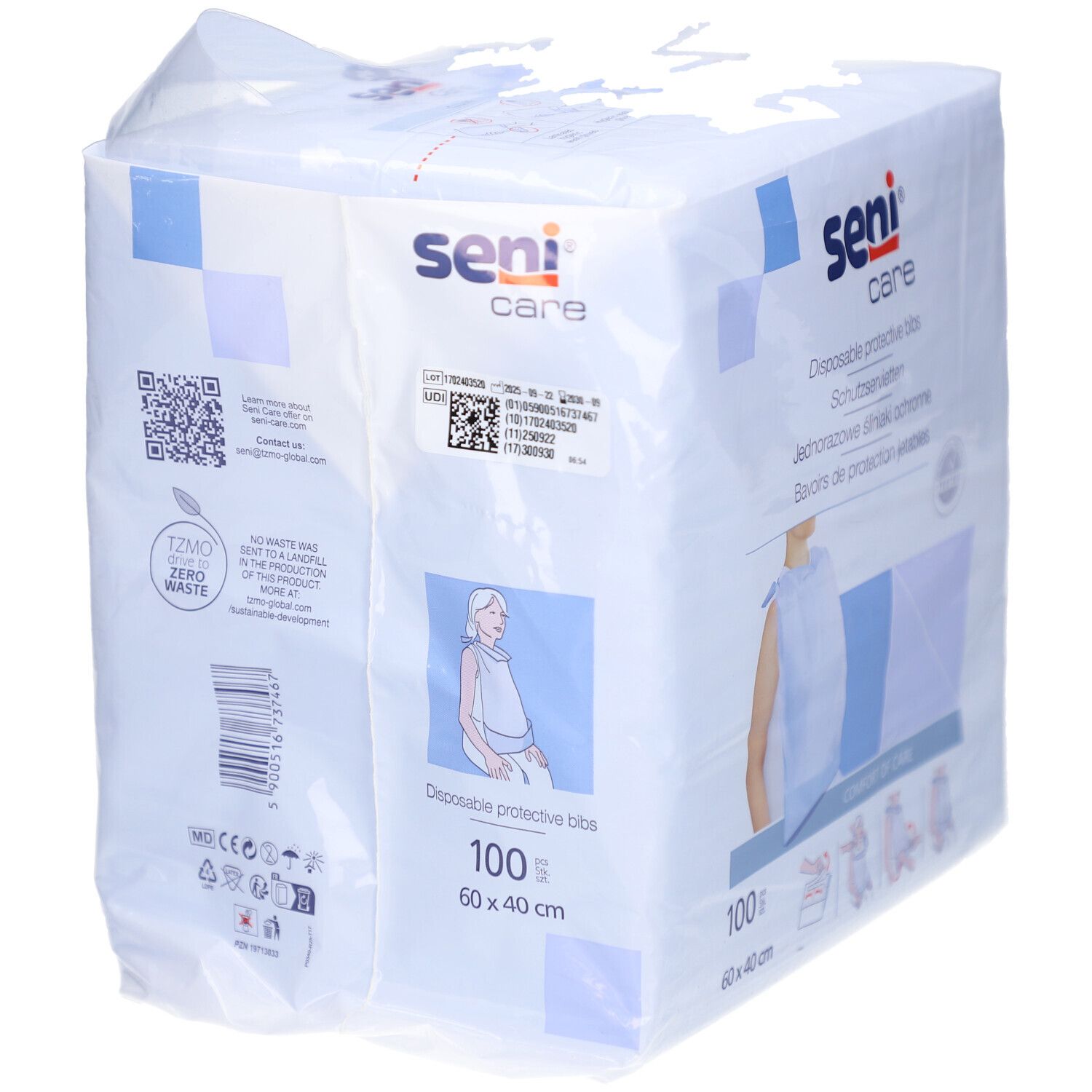 Verpackung mit Seni Care Schutzservietten. Rückseite mit Produktinformationen, QR-Code und Logo. 100 Stück, 60 x 40 cm.