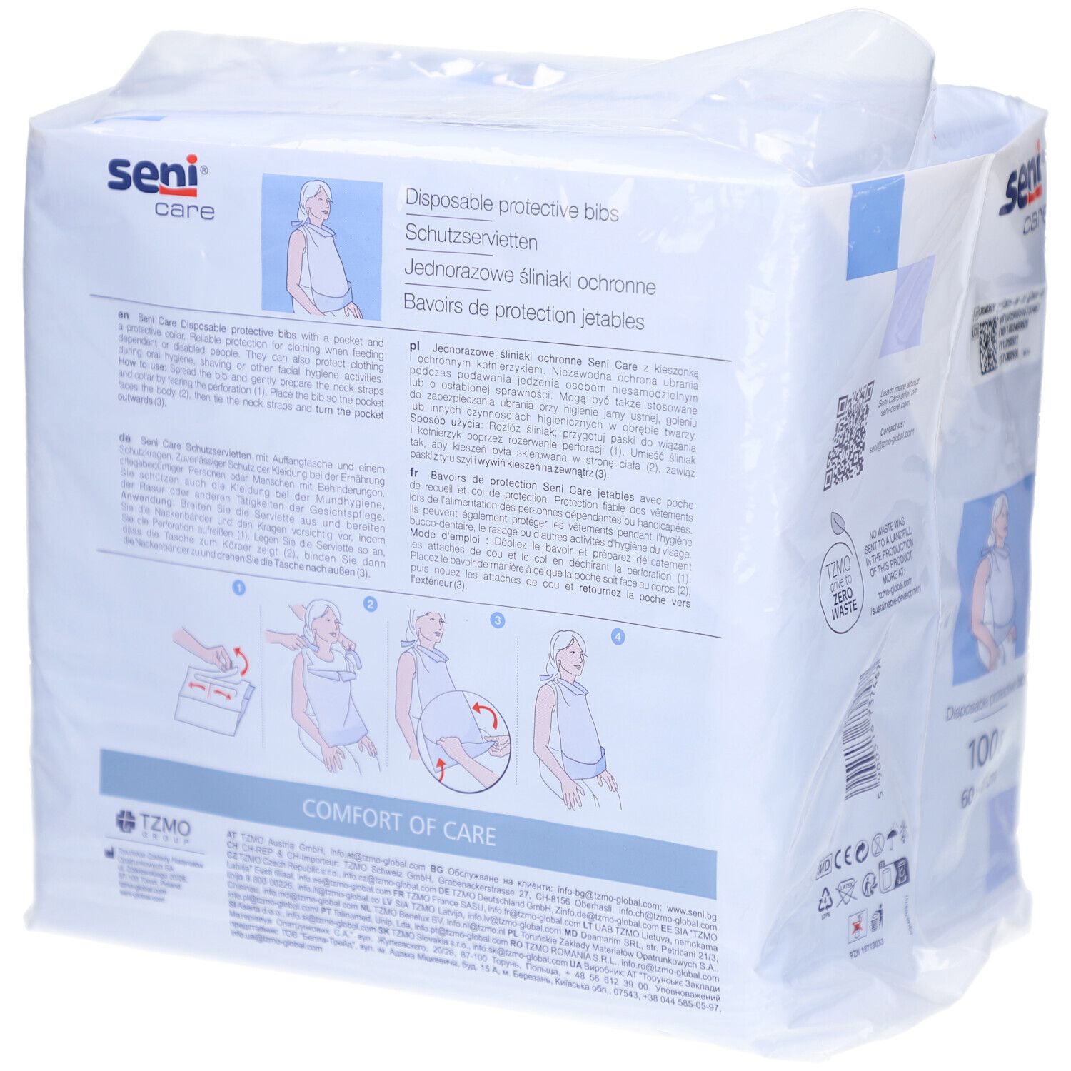 Verpackung mit Seni Care Schutzservietten. Rückseite mit Produktinformationen, Illustrationen und Logo. 100 Stück, 60 x 40 cm.