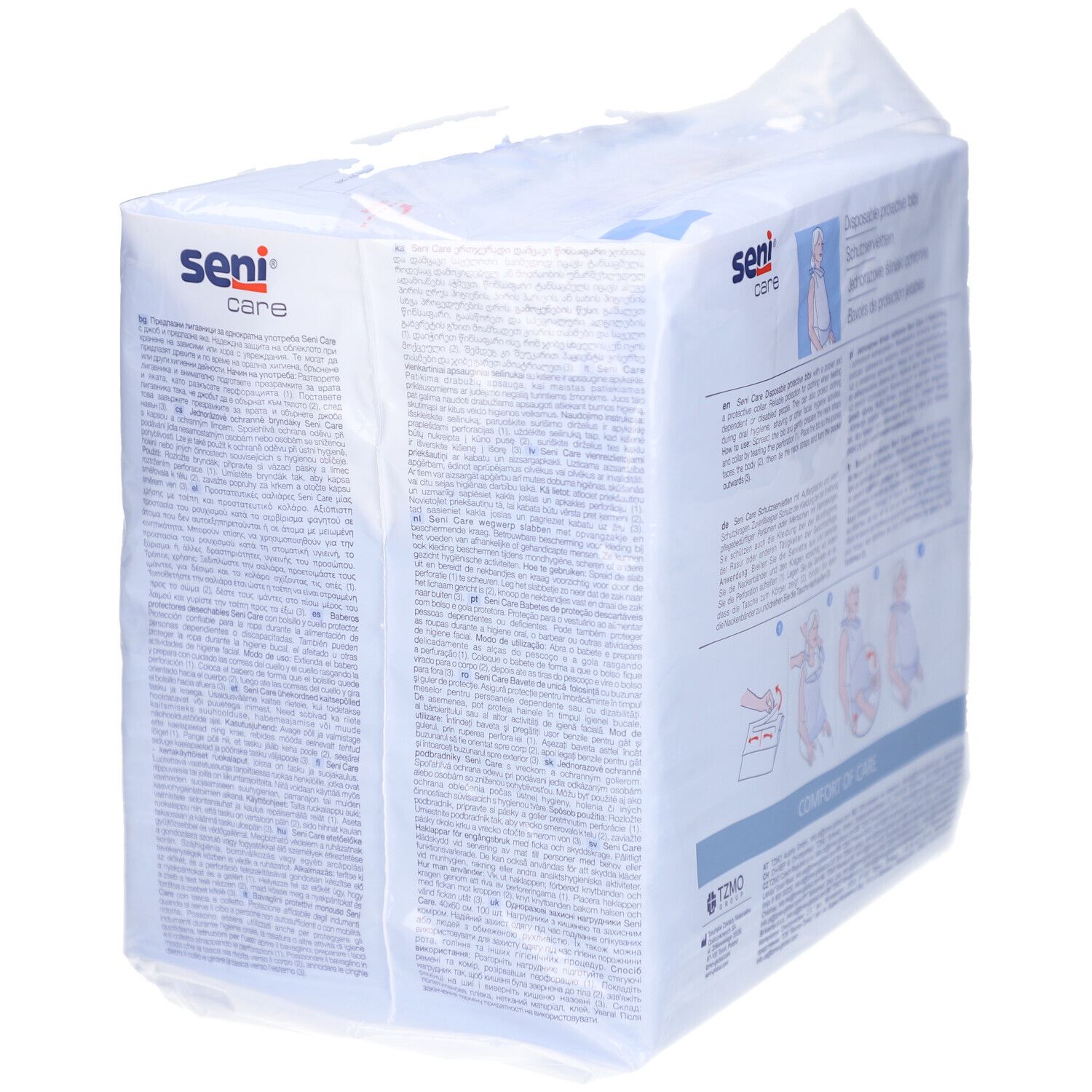 Verpackung mit Seni Care Schutzservietten. Rückseite mit Text und Logo. Verpackung leicht geöffnet.