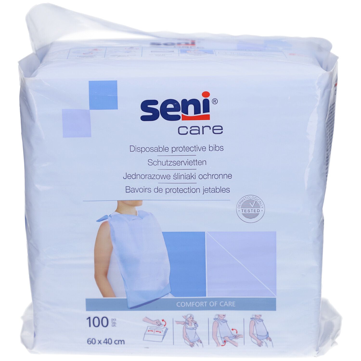 Verpackung mit Seni Care Schutzservietten. Vorderseite mit Produktabbildung, Logo und Text. 100 Stück, 60 x 40 cm.