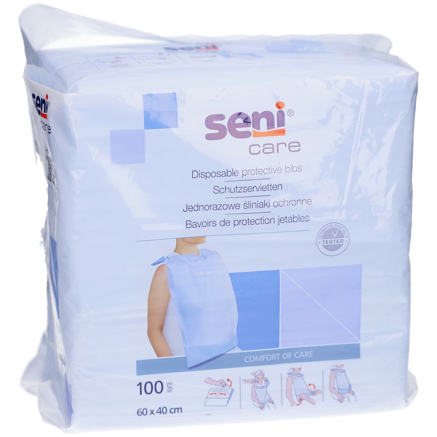 Verpackung mit Seni Care Schutzservietten. Vorderseite mit Produktabbildung, Logo und Text. 100 Stück, 60 x 40 cm.