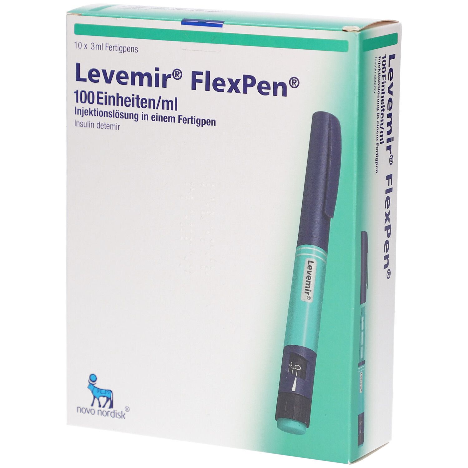 Verpackung mit einem Levemir FlexPen Injektionsstift, 100 Einheiten/ml.
