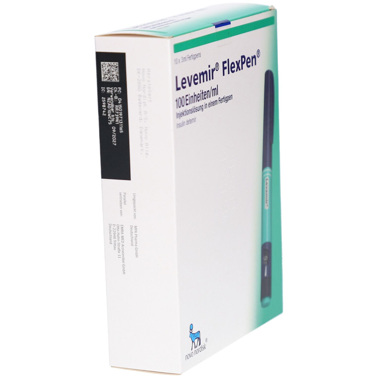 Karton mit Levemir FlexPen. Aufdrucke: 100 Einheiten/ml, Fertigpen. Blaue und grüne Farbakzente. Novo Nordisk Logo.
