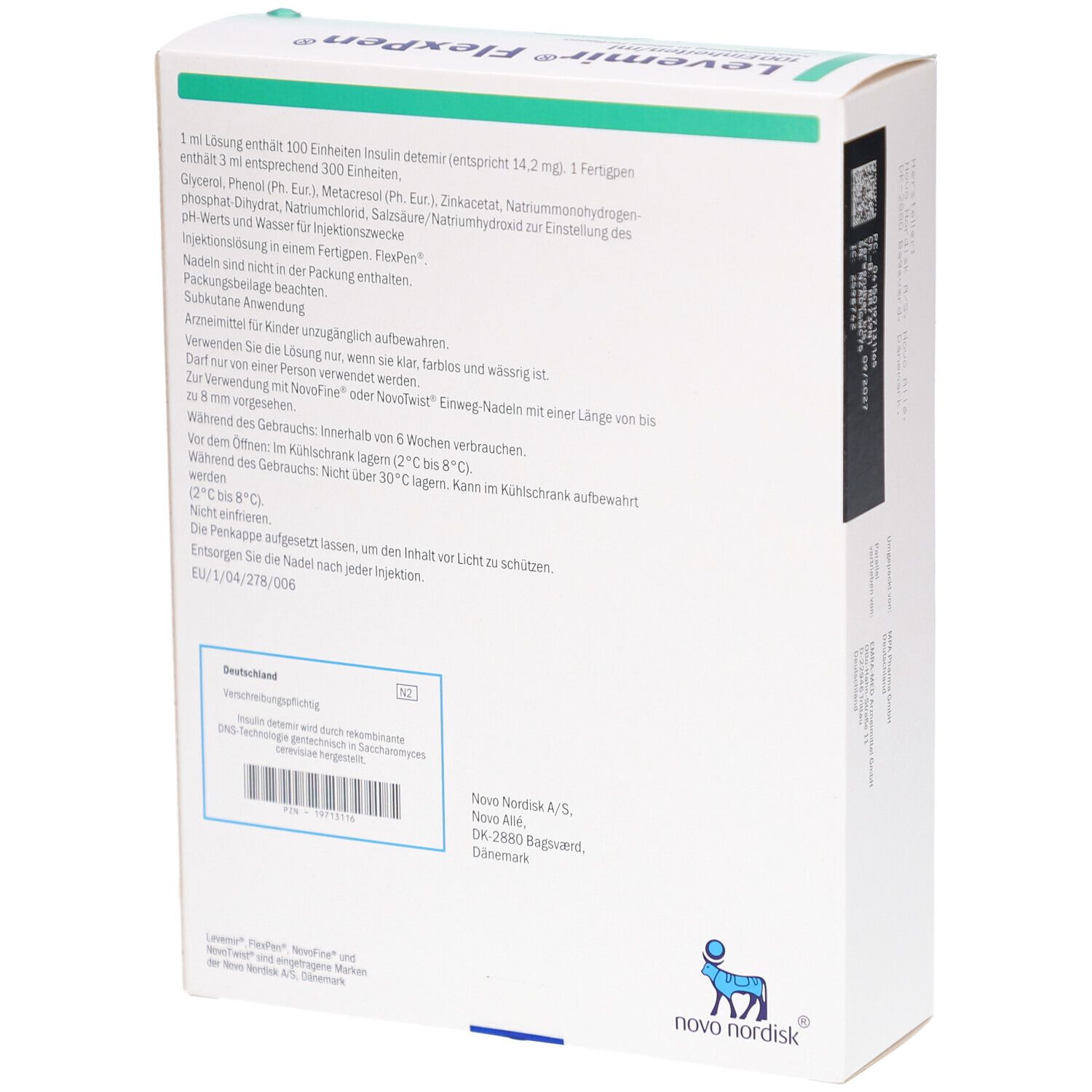 Rückseite der Levemir FlexPen-Verpackung. Textinformationen und Barcode. Novo Nordisk Logo. Angaben zur Zusammensetzung.