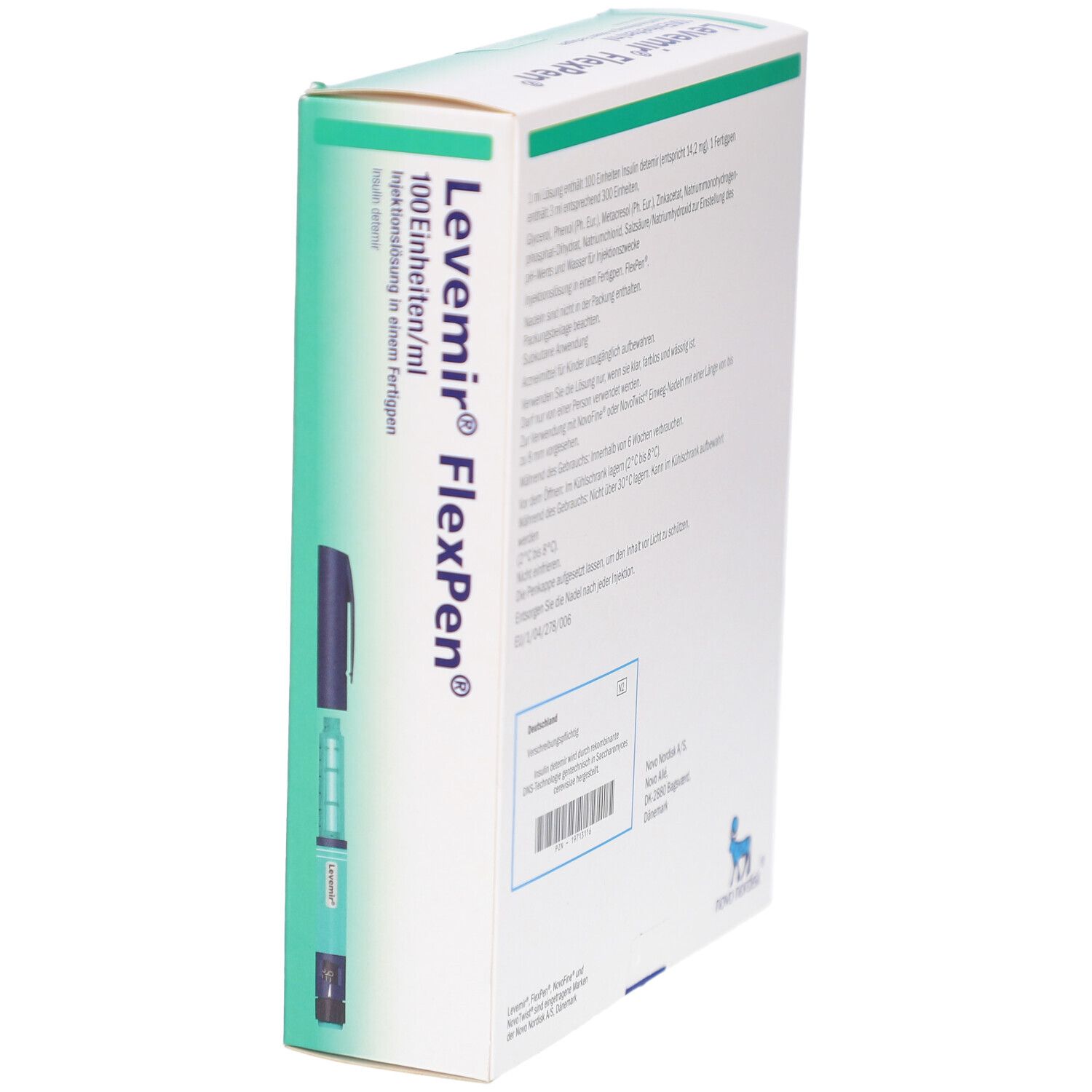 Levemir FlexPen-Verpackung. Aufdrucke: 100 Einheiten/ml, Fertigpen. Novo Nordisk Logo. Produktinformationen.