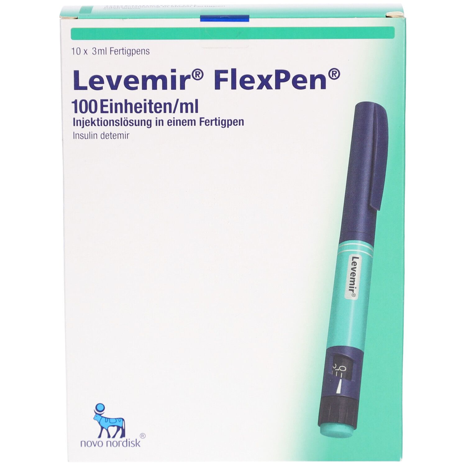 Levemir FlexPen-Packung mit Pen. Aufdrucke: 100 Einheiten/ml. Pen in blau-grüner Farbe. Novo Nordisk Logo.